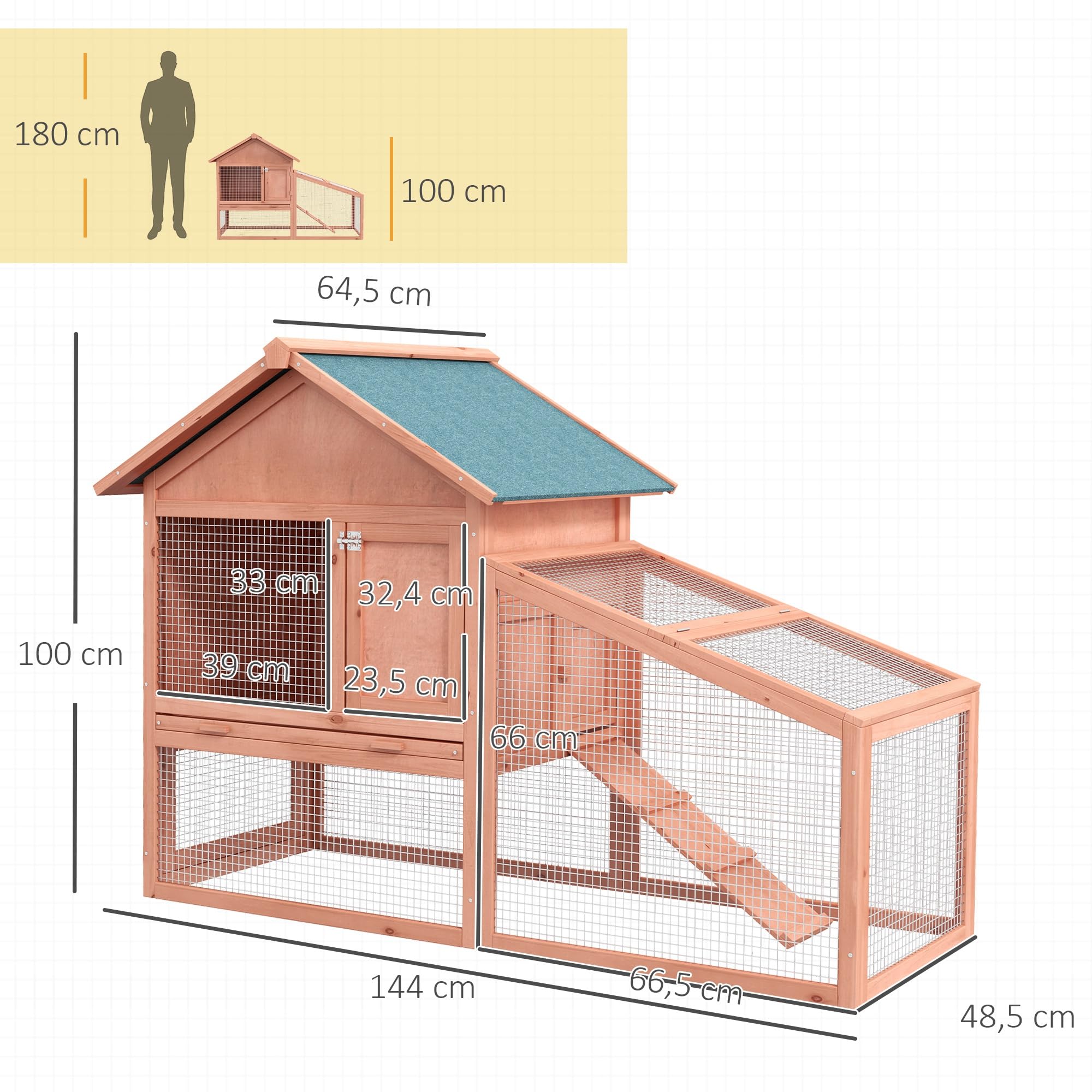 PawHut Conejera de Exterior Hecha de Madera Jaula para Conejos Dos Niveles con Techo Puerta y Ventana Bandeja Extraíble y Lavable Alta Comodidad Gran Espacio 144x64.5x100cm