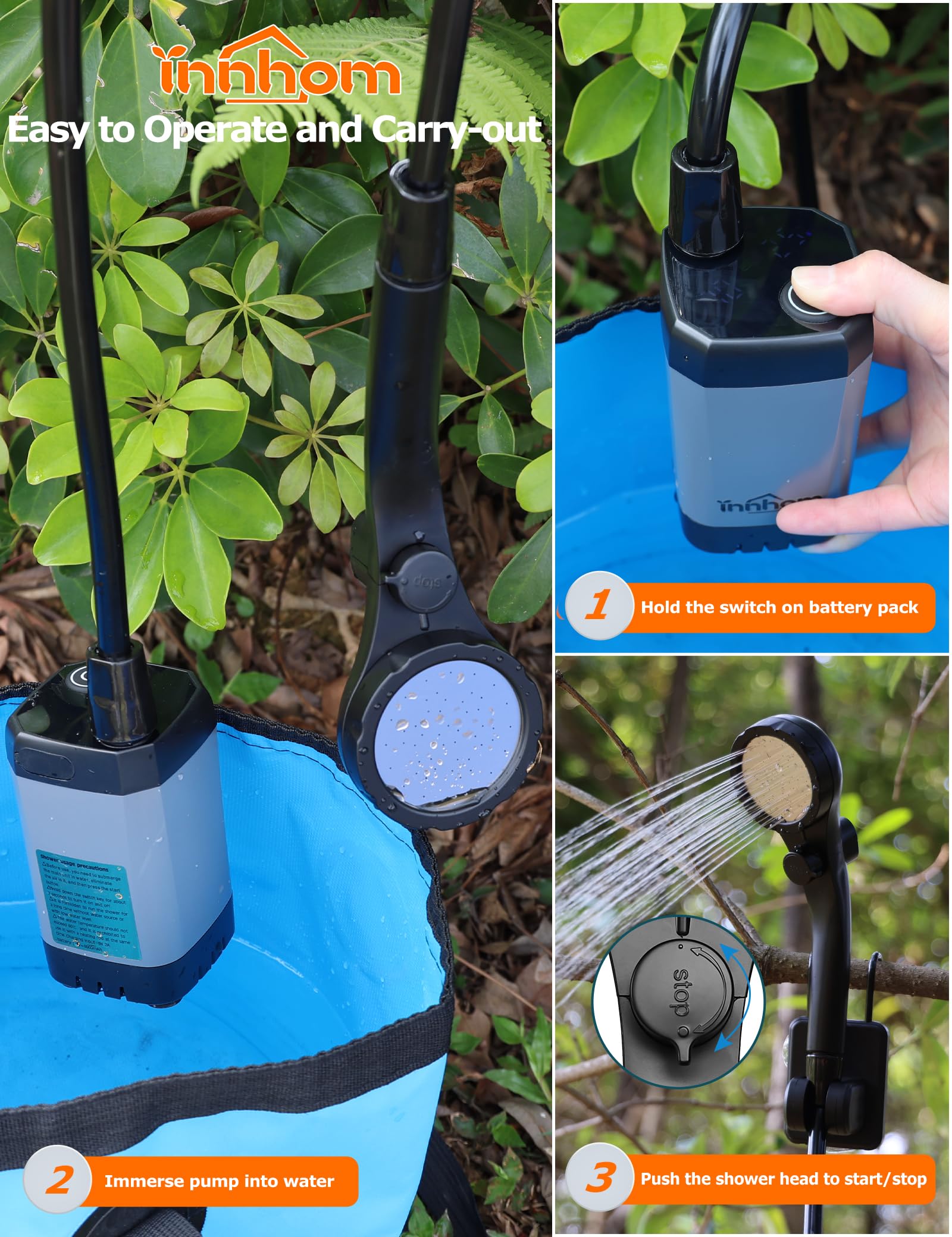 innhom Doccia da campeggio portatile, 6000 mAh, ricaricabile, con display a LED, impermeabile IPX7 e 2 modalità di spruzzo, doccia elettrica esterna per escursioni, viaggi, bagno per animali domestici