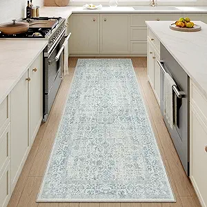 Blue Runner Rug 2x5 Hallway Machine Washable Kitchen Vintage Distressed Non Slip Long Carpet Indoor Retro Floral Bedroom Accent Throw Rug for Bathroom Office Laundry Dining Room
