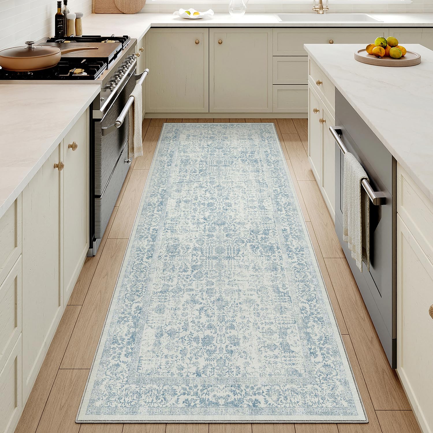 HUGEAR Vintage Passatoia Tappeto Corridoio Blu Tappeti 60x180cm Cucina Antiscivolo Lavabile in Lavatrice Tapette Camera da Letto Scendiletto Cameretta Ufficio Pelo Corto Lungo Carpet