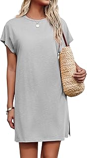 Women's Coverups Short Sleeve T-Shirt Dress Casual Side Slit Loose Fit Knee Length Beach Mini Dress S-XXL