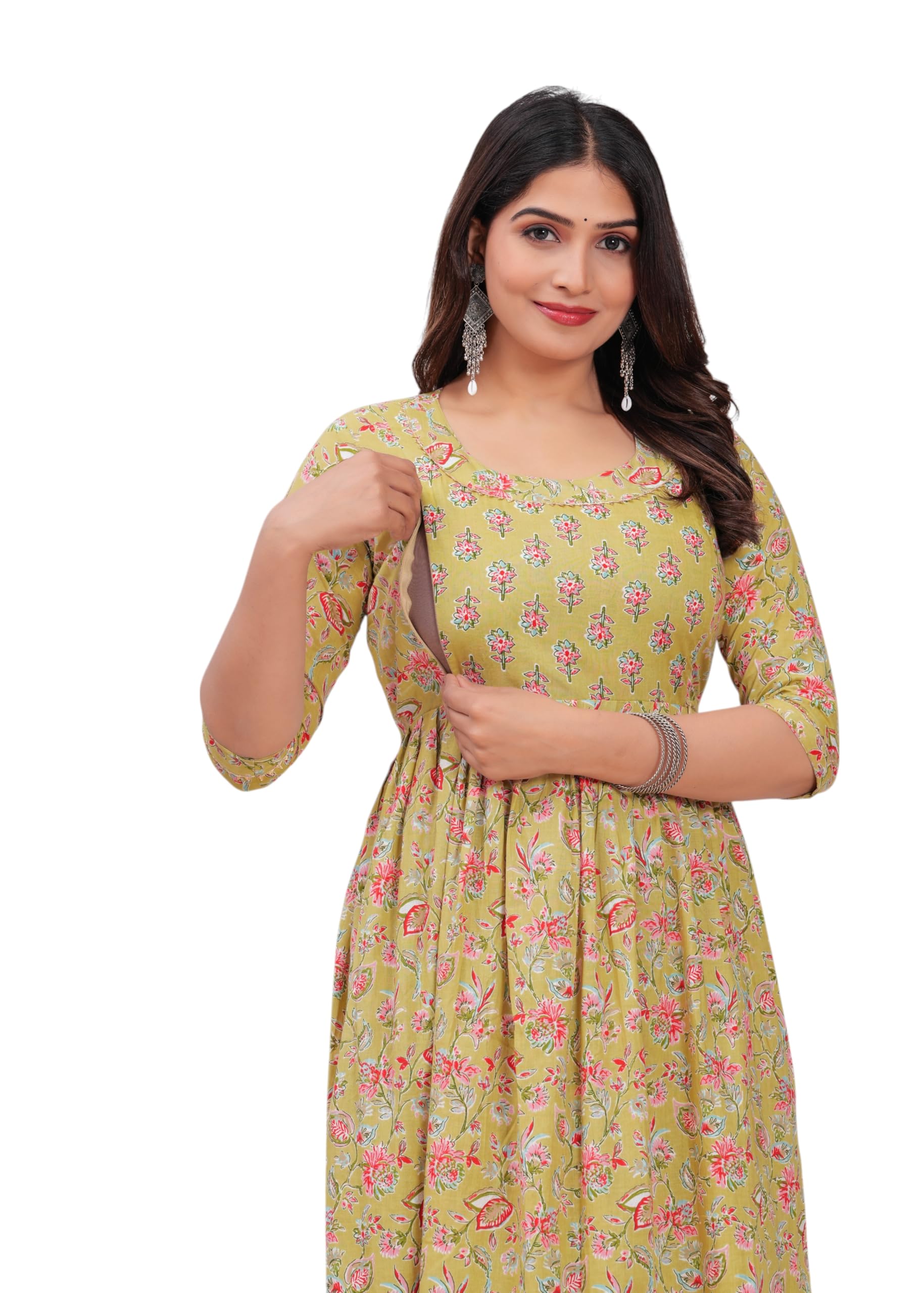 Women's Stylish Pure Cotton Printed Kurti Gown – Comfortable and Elegant Maternity & Feeding Dress for Women (in, Alpha, M, Regular, Light Green Patti)-image-13