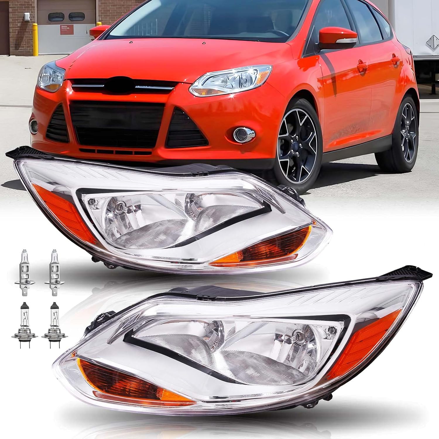 Headlights Assembly Compatible with 2008 2009 2010 2011 Ford Focus S SE SES SEL Halogen Head Lamp Replacement Chrome Housing Amber Reflector, 2pcs Driver and Passenger Side LH RH