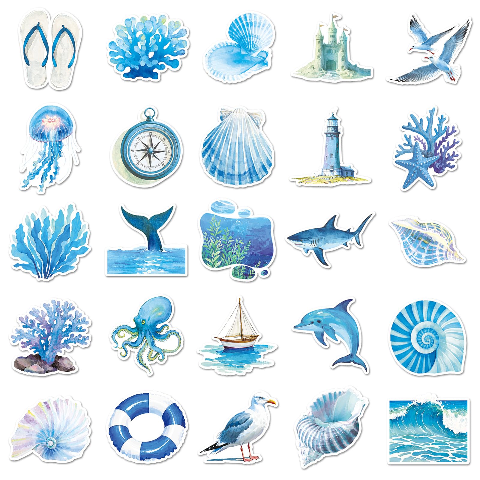 50PCS Cartoon Blue Coast for Water Bottles Laptop Scrapbook Luggage Phone Computer Skateboard Notebook Helmet Journal Bike Guitar,Beautiful Blue Ocean Beach Waterproof Decals for Girl Teen Adult - Image 3
