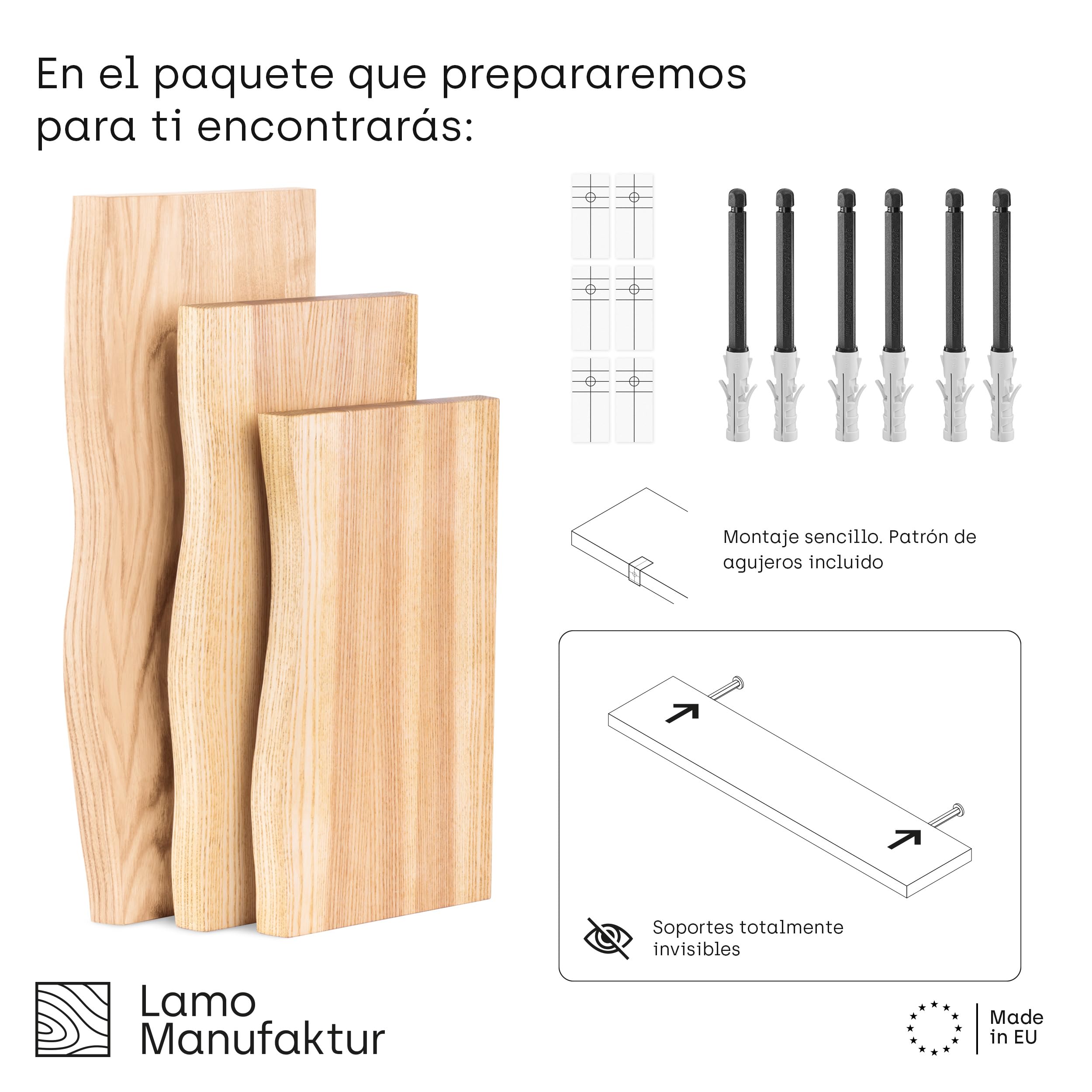 LAMO Manufaktur Estante de Pared de Madera de 3 Piezas con Montaje Invisible 40/35/30cm | Estante de Pared de Madera auténtica 100% | Set estantes de Pared 1 Borde oflis Color: Natural
