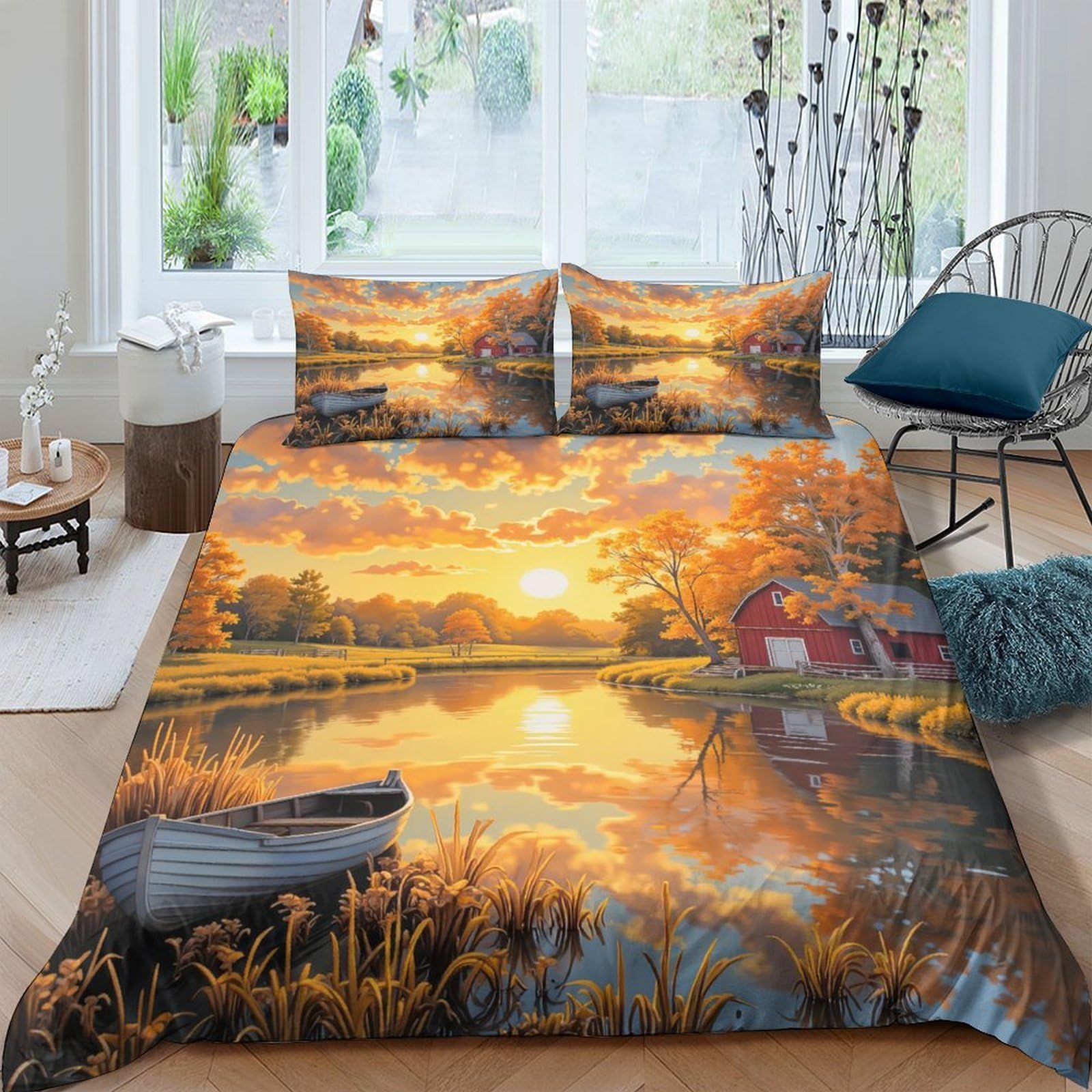 Ctjqhvkz Style-4 3D Printed Sunset Lake Fitted Sheet Microfiber Soft Decor Autumn Landscape Bed Cover For Bedroom Guest Room Single（135X200cm）