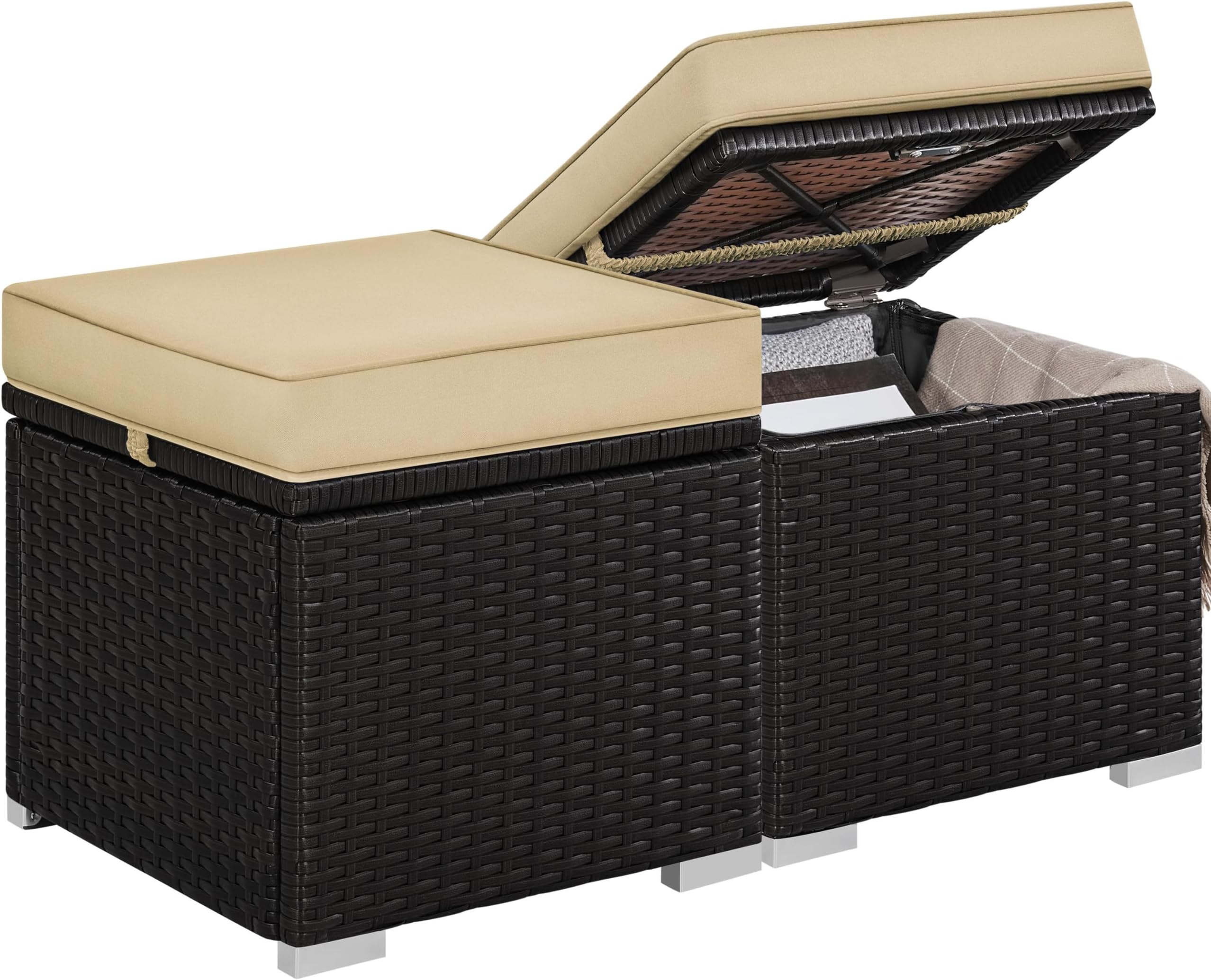 Wicker Ottomans, Set of 2 Patio PE Rattan Side Tables with Hidden Storage & Removable Cushion, Outdoor/Indoor Footstools, Additional Seating for Garden/Balcony/Yard, Brown/Khaki