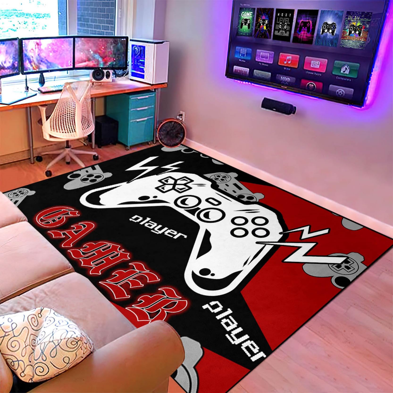 Gaming Rug, Gamer Rugs for Bedroom Boys Player Room Decor, Game Area Rugs for Kids Room, Video Game Carpets Decor for Dining Living Room Mats Black
