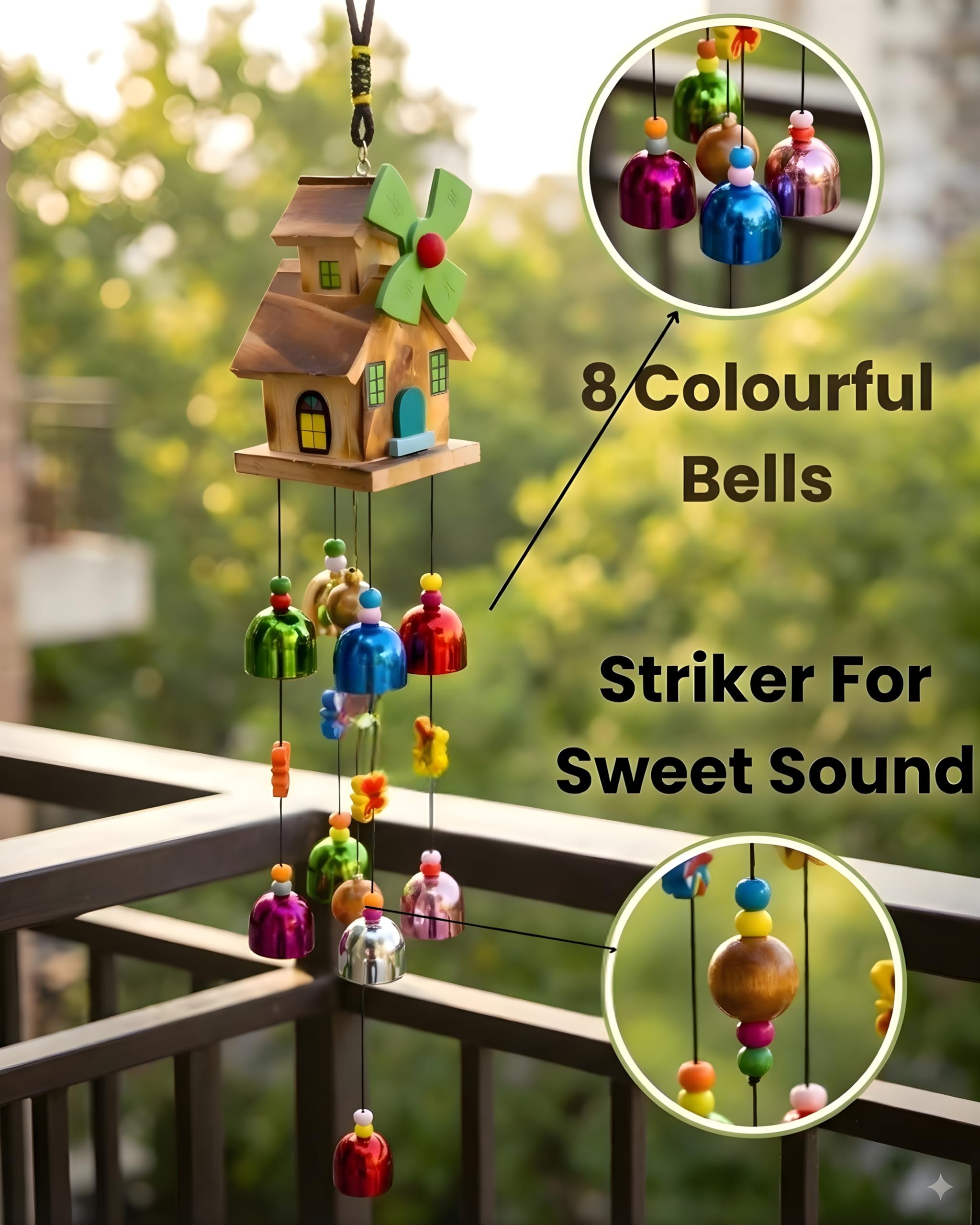 Wooden House Wind Chime - Melody & Colourful Bells -4
