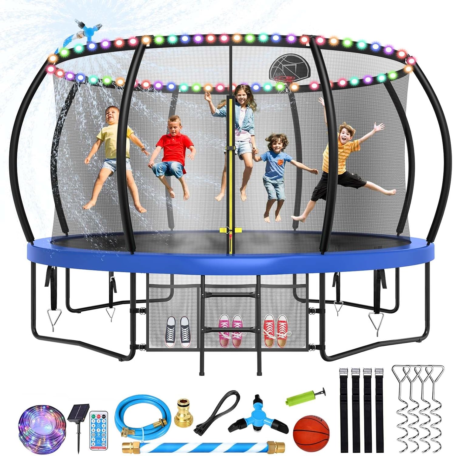 Lyromix 12 14 15 16FT Trampoline Outdoor with Basketball Hoop, Trampoline with Lights for Kids and Adults, Recreational Trampolin with Sprinkler, Stakes Blue 12FT