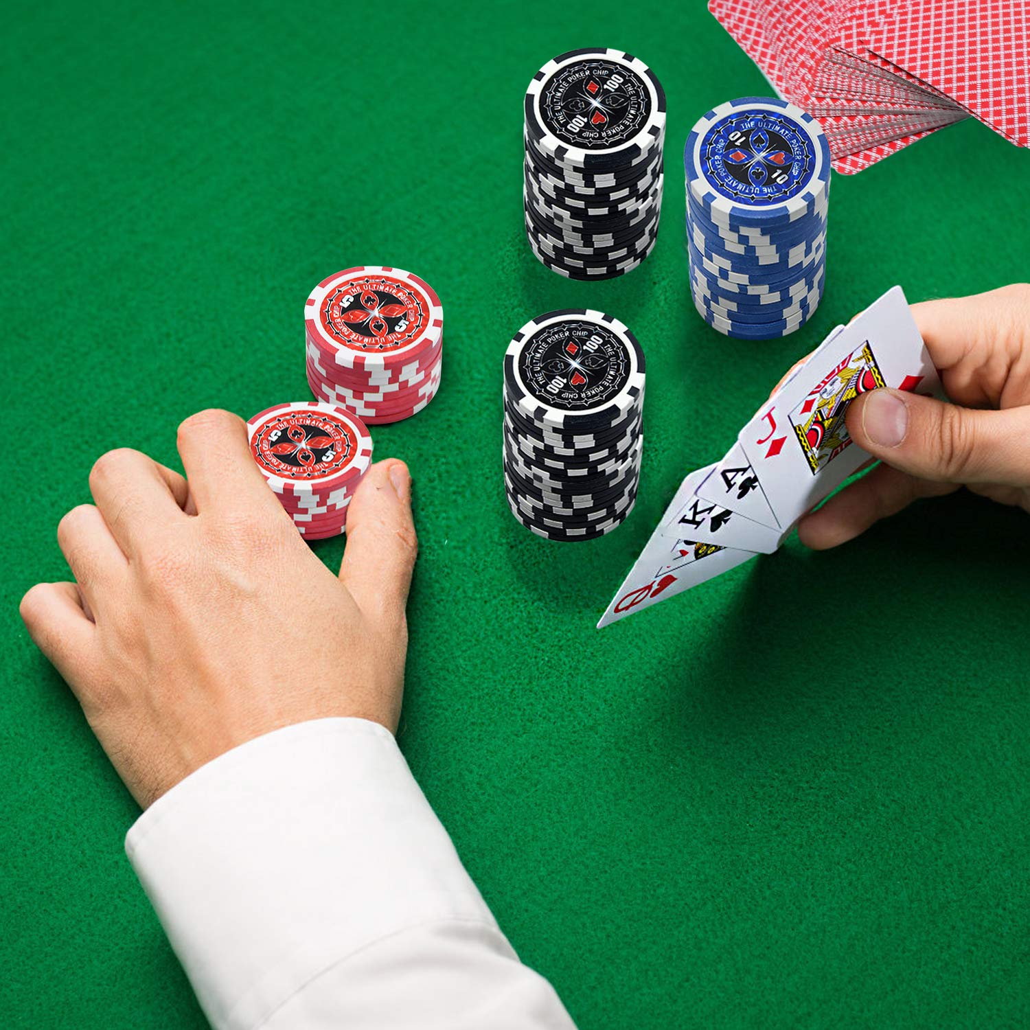 Juego de Poker 500 fichas Set de póquer fichas de póquer láser Incluye 2 Barajas de póquer, 3 Botones de crupier, 5 Dados, Estuche de Aluminio con 2 Llaves - Plata