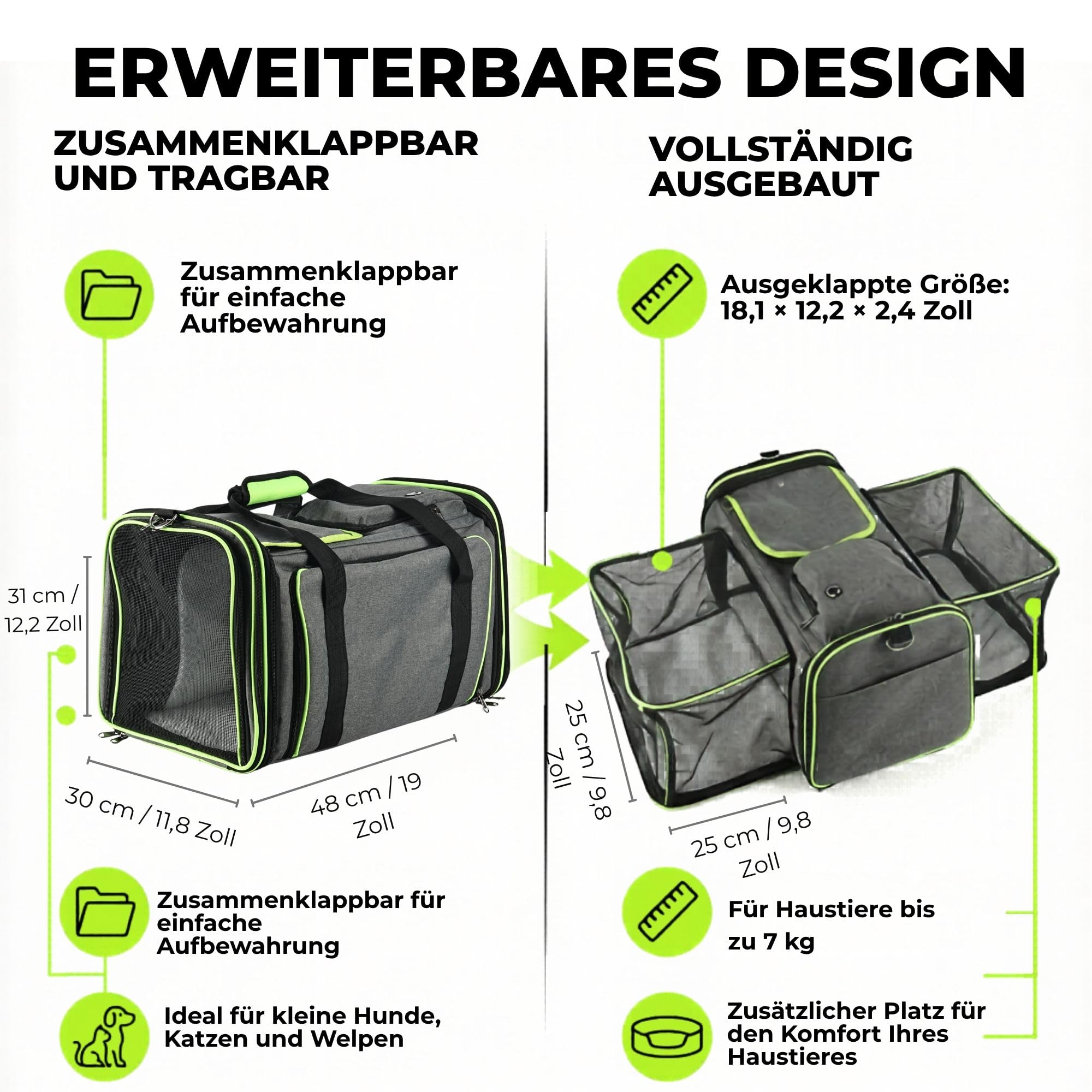 SOLDAY Erweiterbare Katzentransportbox für 2 Katzen, Flugtauglich, 8 kg | Faltbare Katzen Transportboxen, 2-seitige Erweiterung, Multi Eingänge, selbstsichernde Reißverschlüsse, 48x30x31cm, Grau-Grün