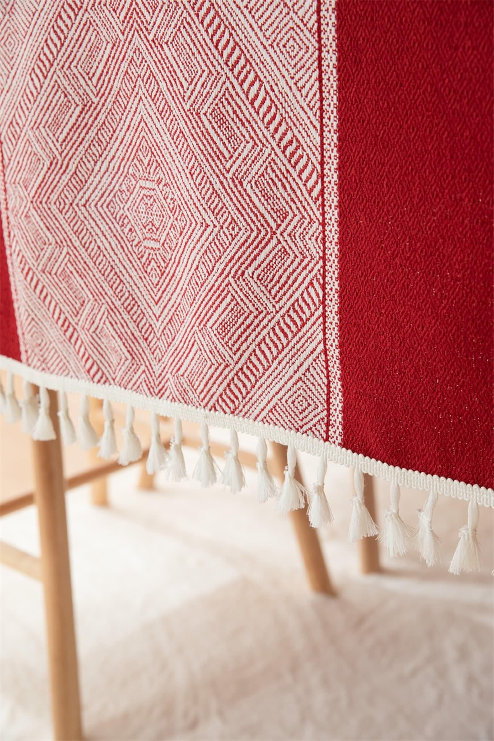 Mantel Lavable Rectangular Rojo Mesa, Patrón de Geométrico con Borlas, de Poliéster Fácil de Limpiar, 140 x 220 cm, Mantel para Restaurante