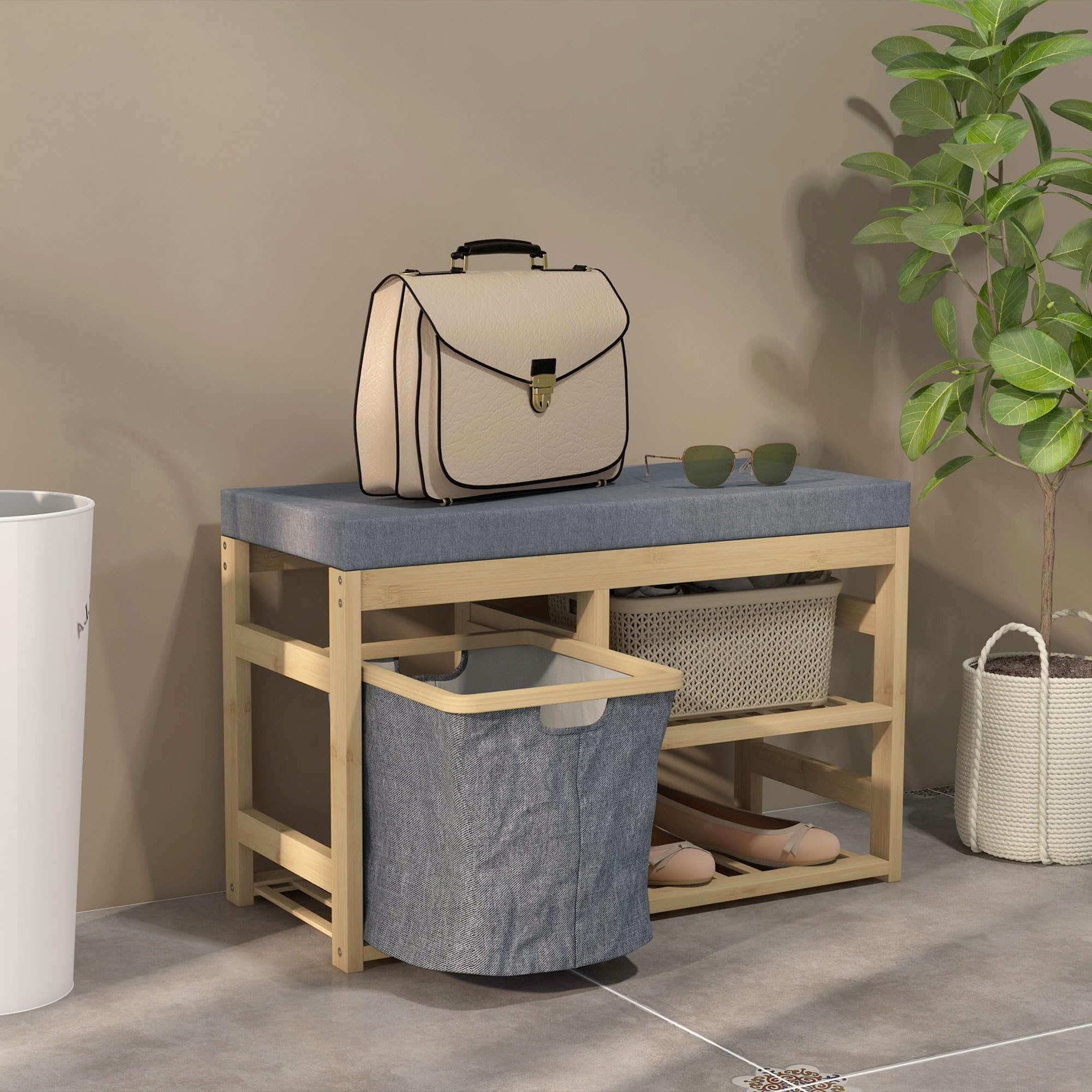 HOMCOM Banco Zapatero de Bambú con Asiento 4 Pares 69x30x45 cm Natural | Mueble Zapatero, Cesta Extraíble, Estantes Abiertos, Bancos Pequeños para Recibidores