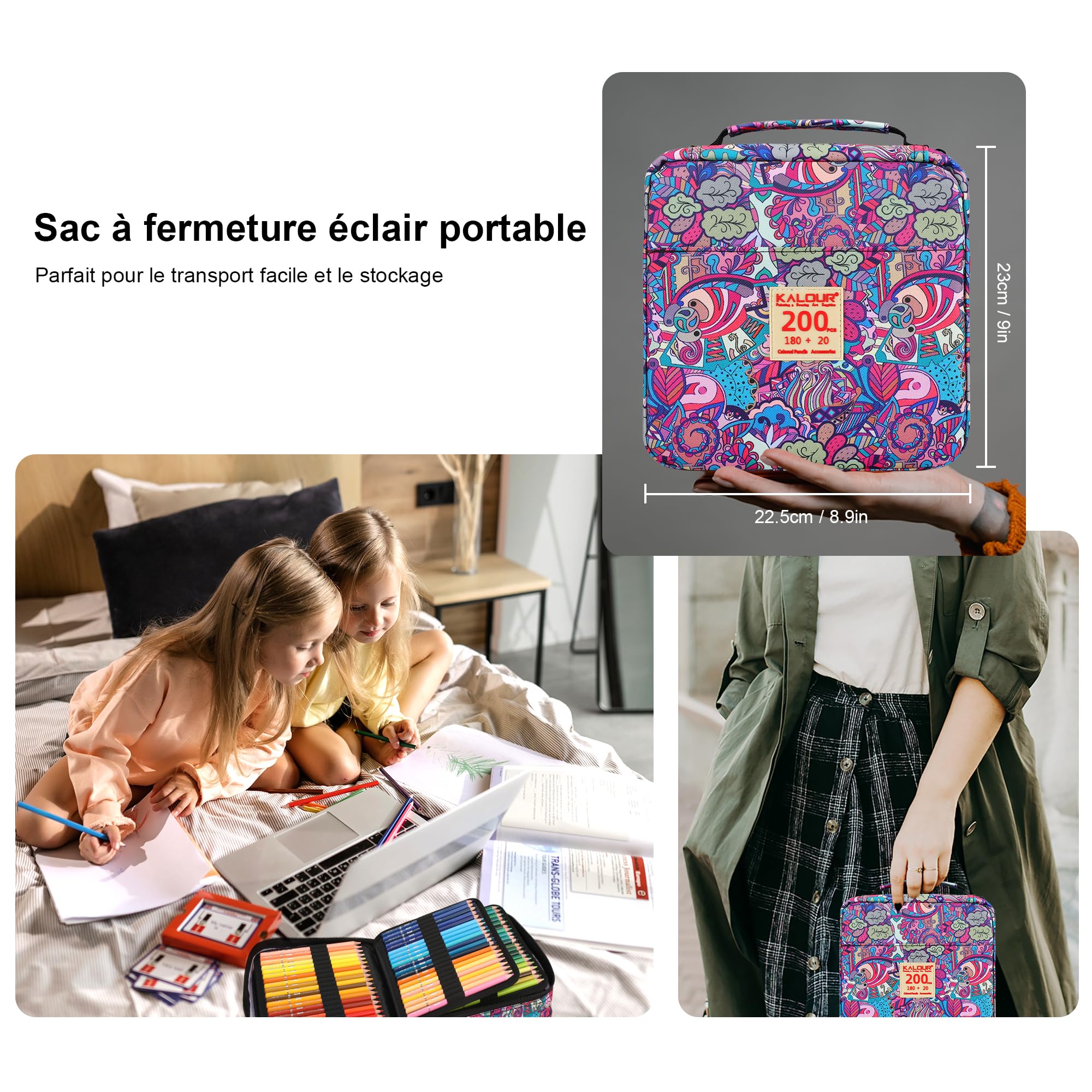 KALOUR PDAS Lot de 200 crayons de couleur pour livres de coloriage pour adultes avec tutoriel et nuancier, 180 crayons de couleur pour artistes, 12 crayons aquarelle, fournitures artistiques