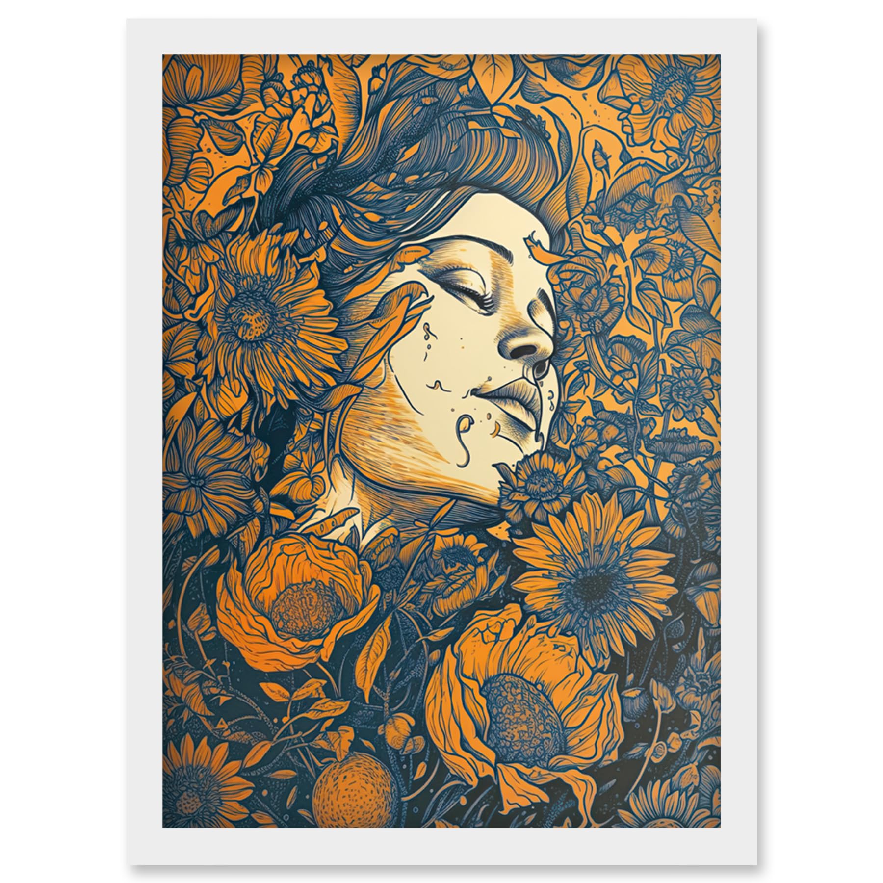 Loving Spring Floral Boho Duotone Illustration Framed Wall Art Picture Print A4