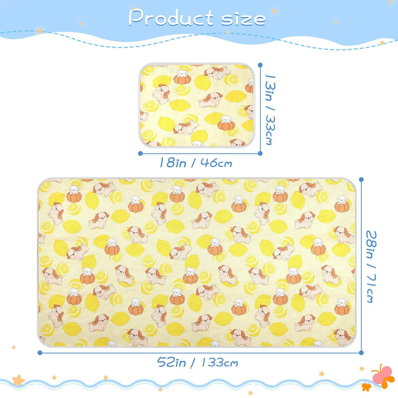 Bolaz Summer Sleeping Bed Pad, Lemona and Dogs Yellow Cooling Mattress Set Breathable Bed Mat Ice Silk Mat + Pillow Cover for Toddler Boys Girls