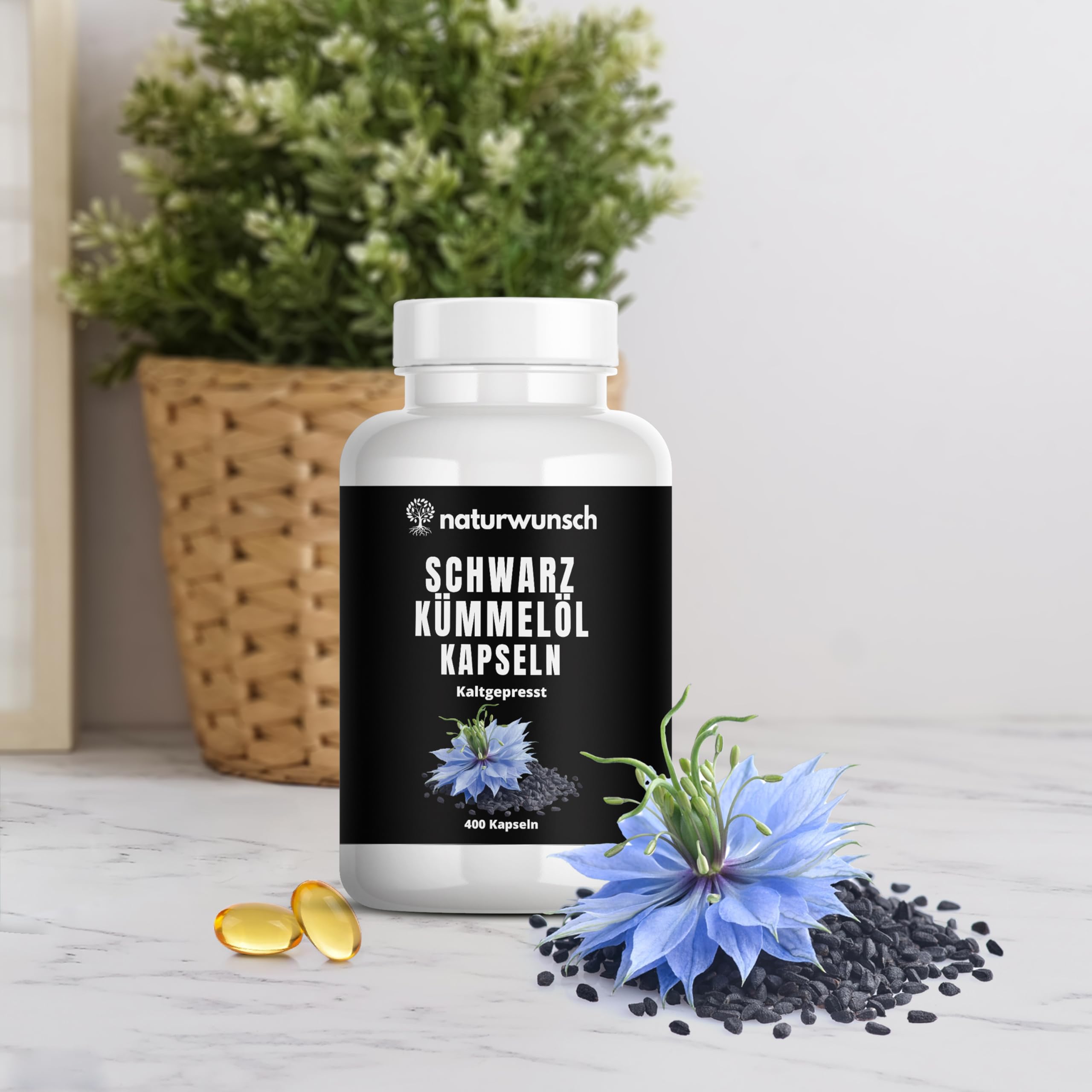 naturwunsch Schwarzkümmelöl kaltgepresst - 400 Kapseln Nigella sativa, Mühlenfrisch in Deutschland hergestellt - 1000 mg Tagesdosis für 6,5 Monate