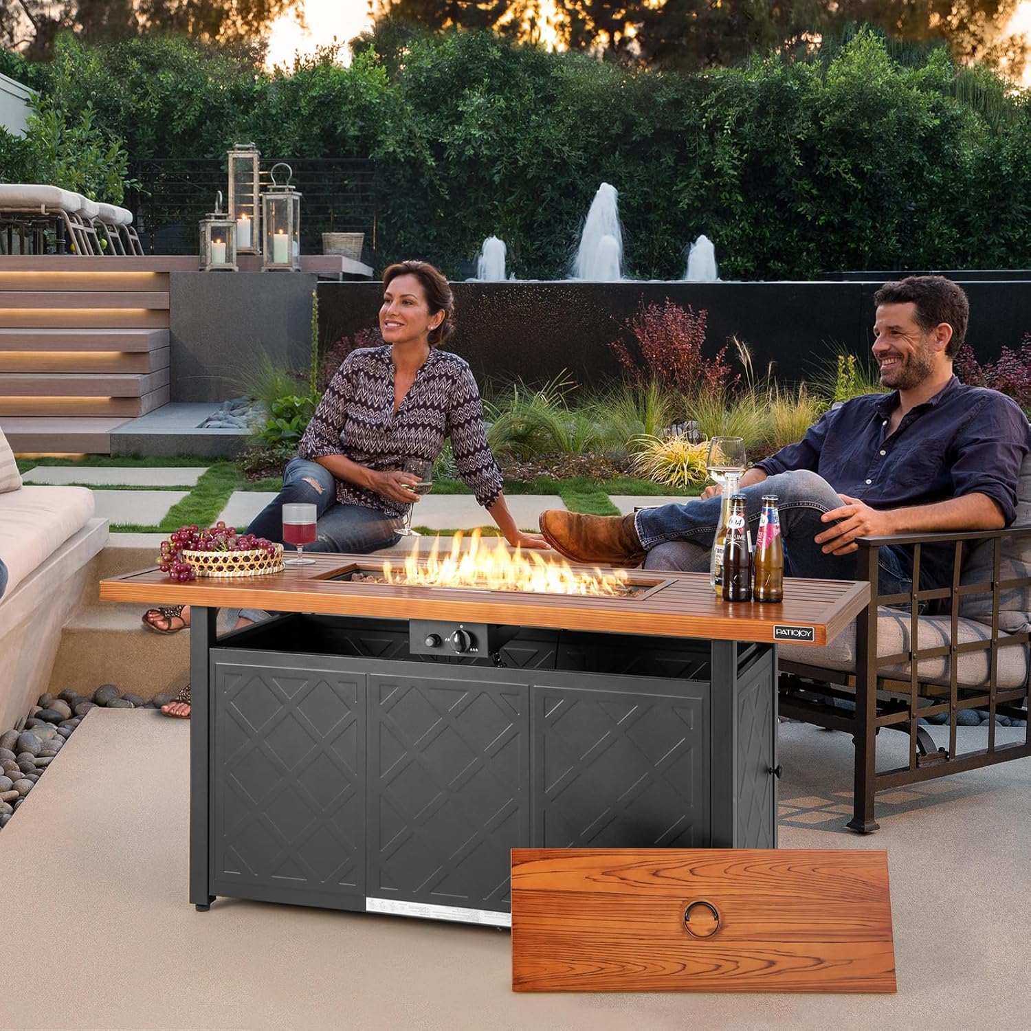 COSTWAY 57" Gas Fire Pit Table, 50,000 BTU Outdoor Patio Propane Fire Table, Rectangular Fire Pit with Wood-Like Tabletop, Lid and Lava Rocks, Suitable for Poolside, Garden, Balcony