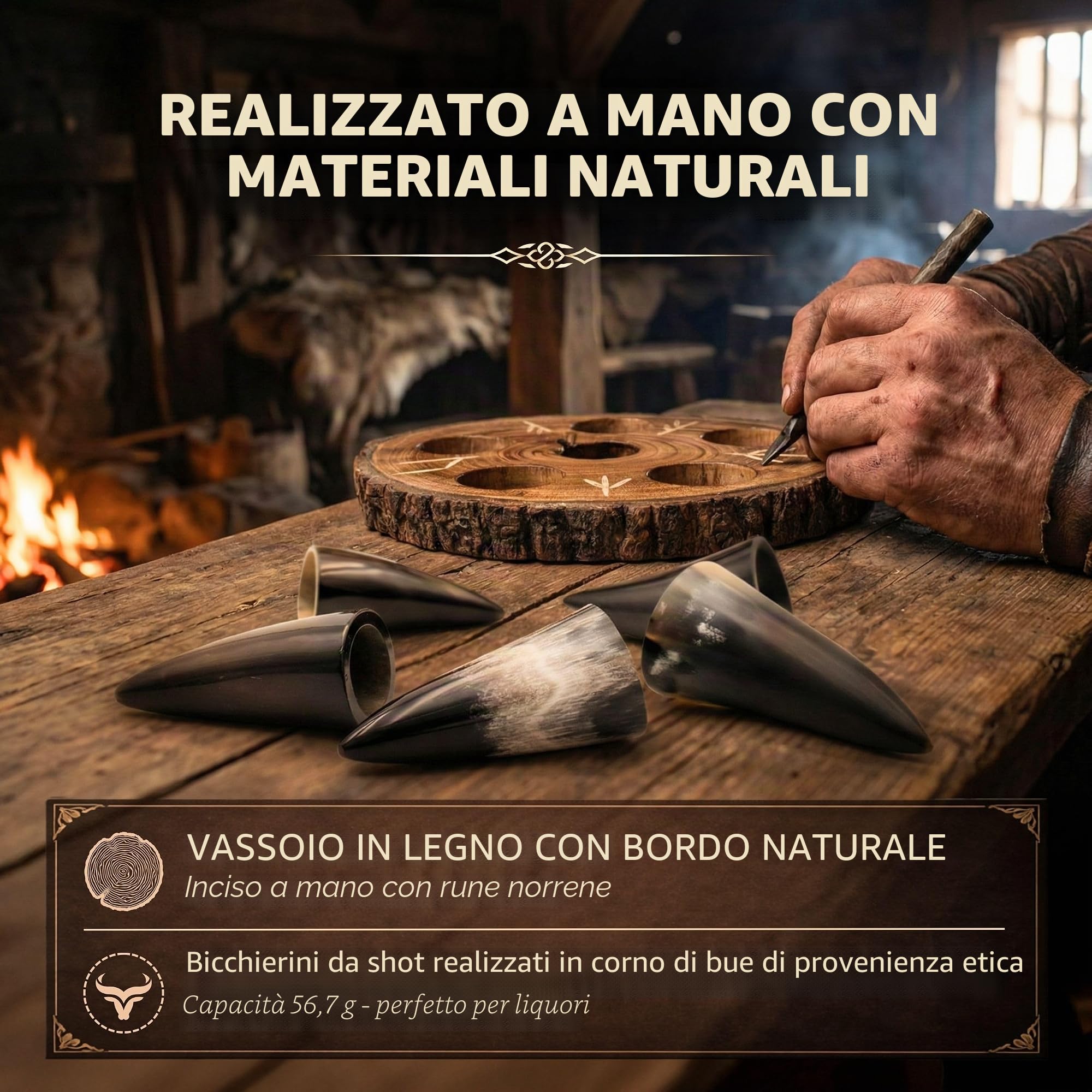 Norse Tradesman Set di Bicchieri da Shot con Corno per Bere (5) con Espositore in Legno Rustico (Live Edge) | Inciso con Rune Norrene | Confezionato in un Sacco Regalo di Juta