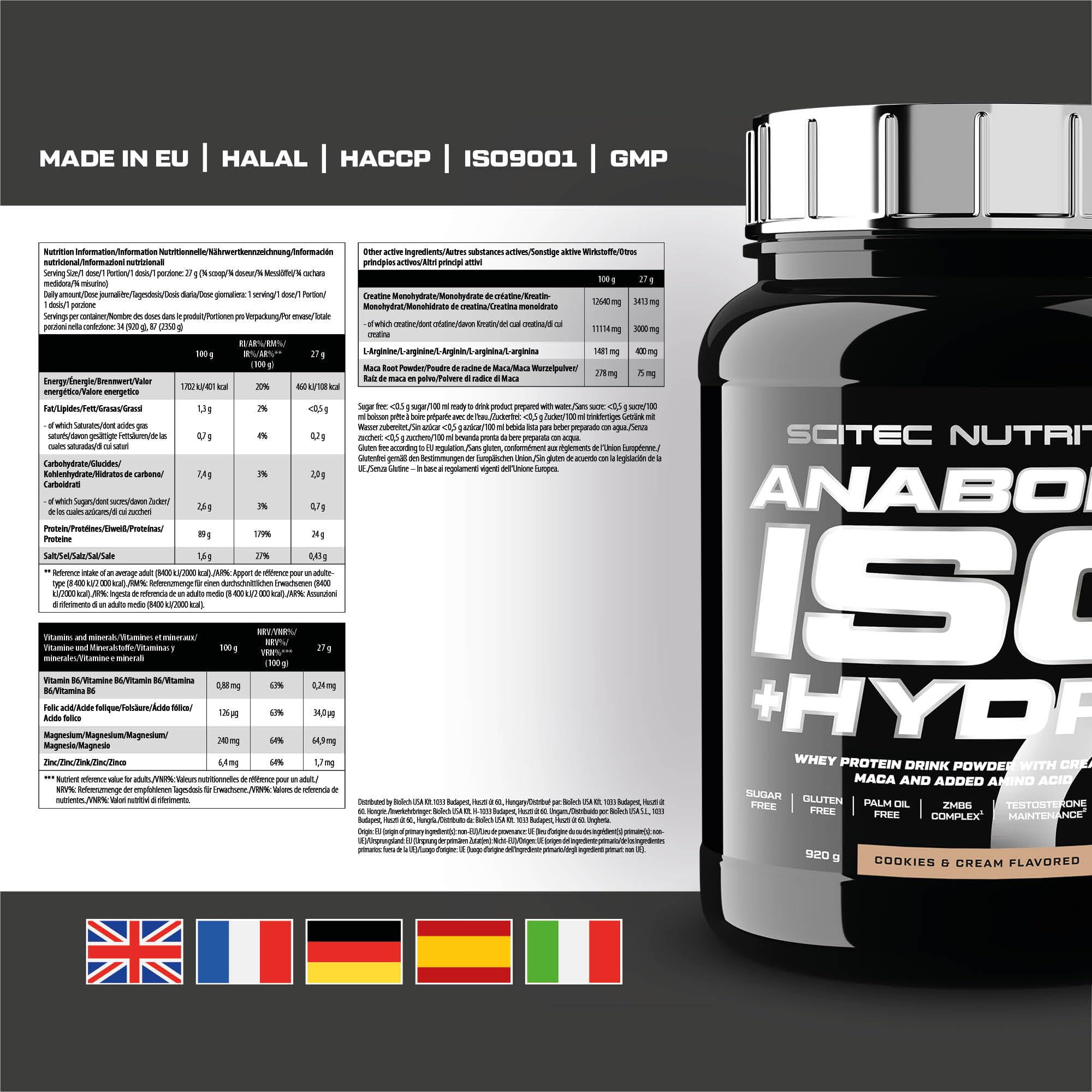 Scitec Nutrition Anabolic Iso+Hydro - Protéines de lactosérum et créatine | Isolat et hydrolysat de whey - Maca et acides aminés - Zinc pour un taux normal de testostérone - 920 g, Cookies & cream