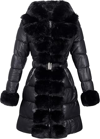 RISISSIDA Women Winter Puffer Leather Coat with Fur Trim Hooded