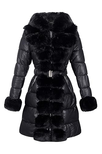 RISISSIDA Puffer Jacket Women Winter Fur Lined Coat with Long Fur Collar Hooded, Warm Leather Bubble Overcoat Cold-resistant - Small - Black
