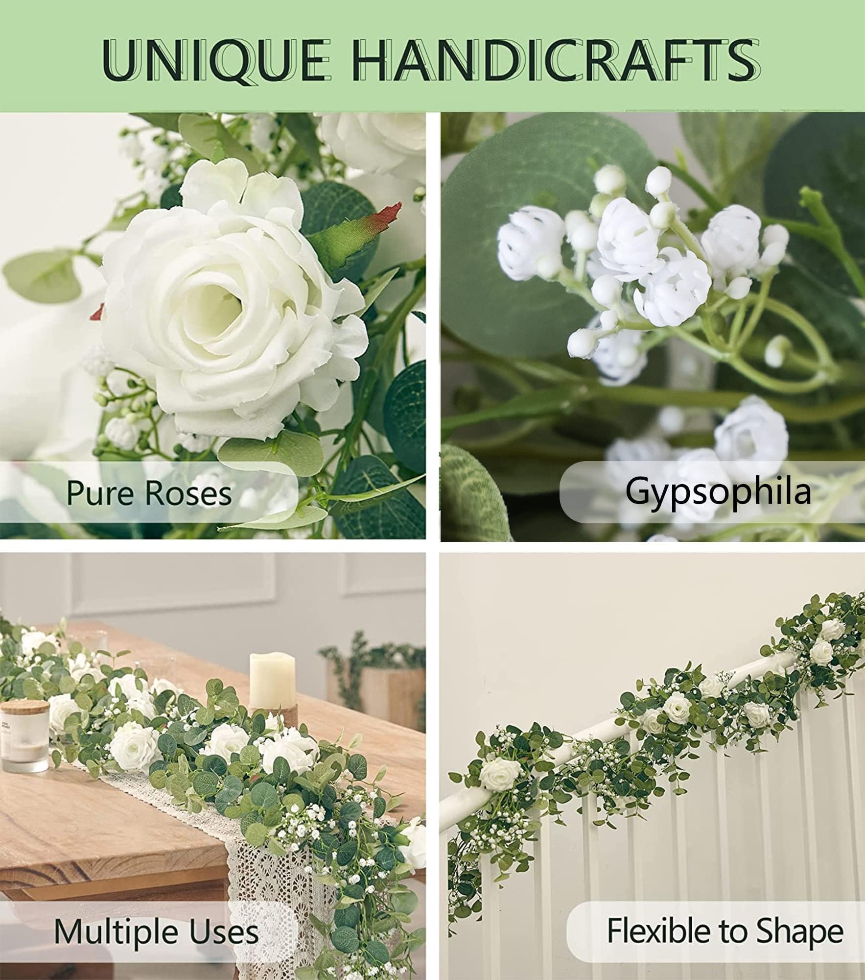 Anna's Whimsy Lot de 2 guirlandes d'eucalyptus artificielles de 1,5 m avec fleurs, fausses guirlandes de gypsophiles, guirlandes florales artificielles pour mariage, printemps, maison, fête, chemin de