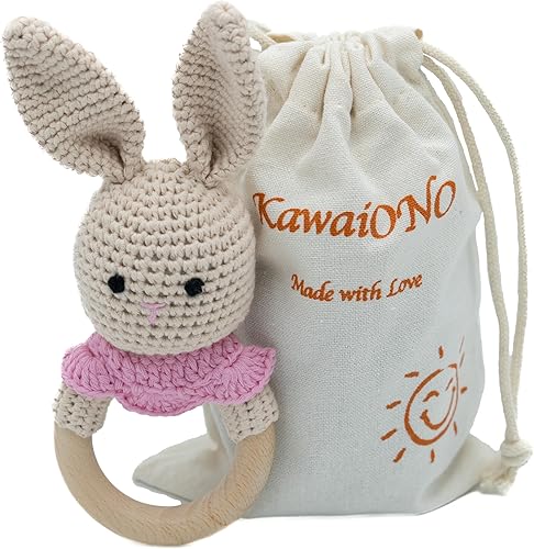 Miniatura 1 de KawaiOnO Sonajero de ganchillo de algodón hecho a mano para bebé, elefante de ganchillo natural Amigurumi en anillo de dentición natural, juguetes