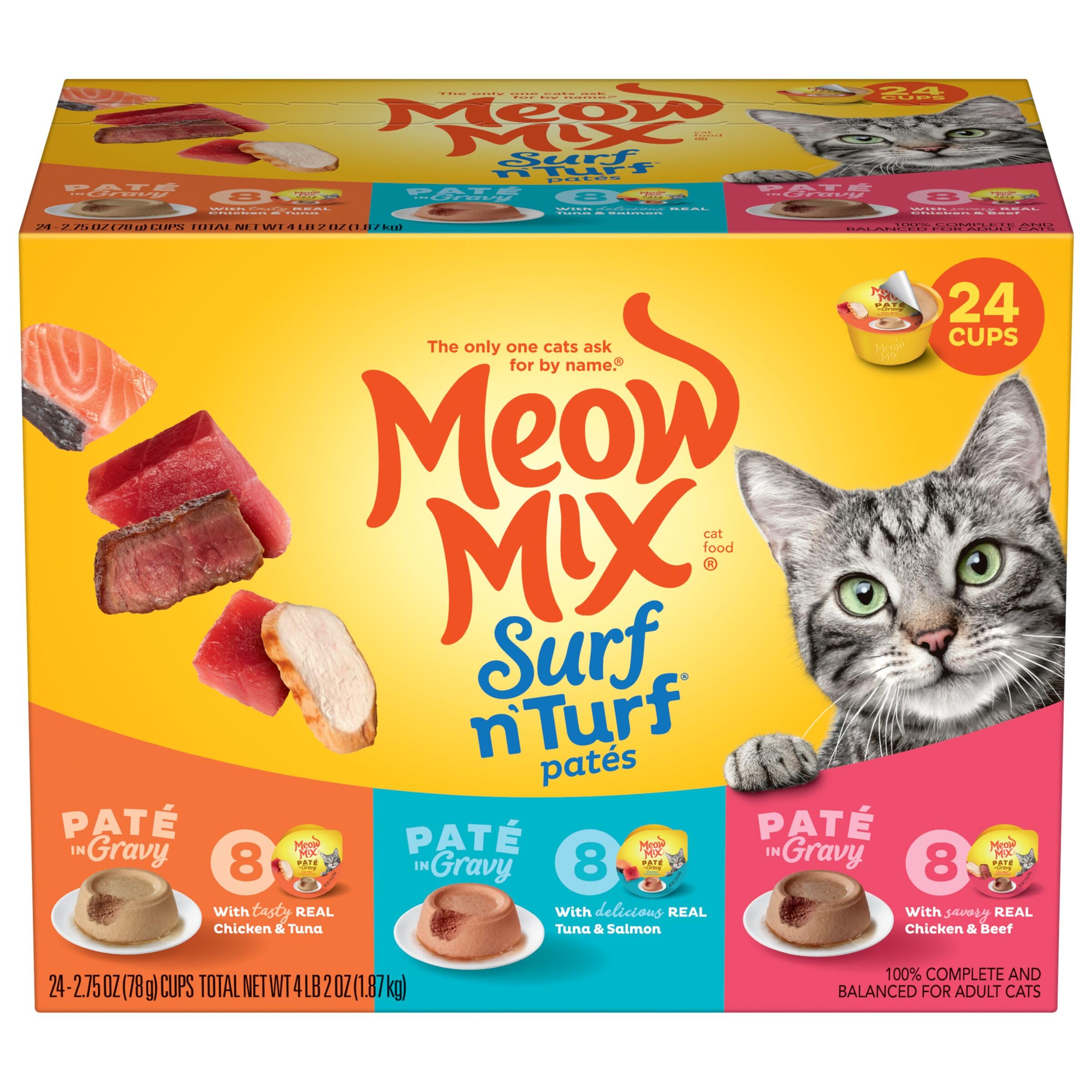 Meow Mix Paté in Gravy Wet Cat Food Variety Pack, Surf n’ Turf Patés 2.75 Ounce (Pack of 24)