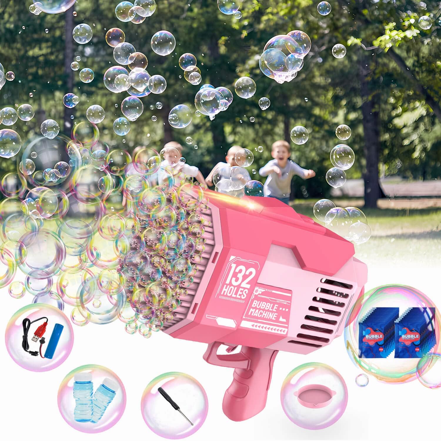 Bubble Mahine Gun, 132-Hole Bubble Maker with Cool Light, TIK-Tok Bubble Blaster Bubble Bazooka Suit for Summer Outdoor Birthday Wedding Party Activity, Bubble Blower Toys for Kids Adults (Pink)