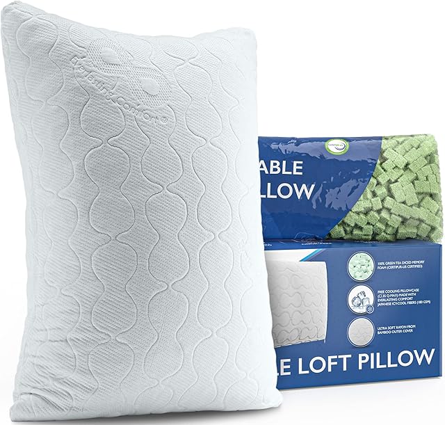 Everlasting Comfort Adjustable Pillow - Green Tea Shredded Memory Foam Pillow with Customizable Loft for Back, Stomach, Side Sleepers - Bamboo Cover and Cooling Pillowcase (King)