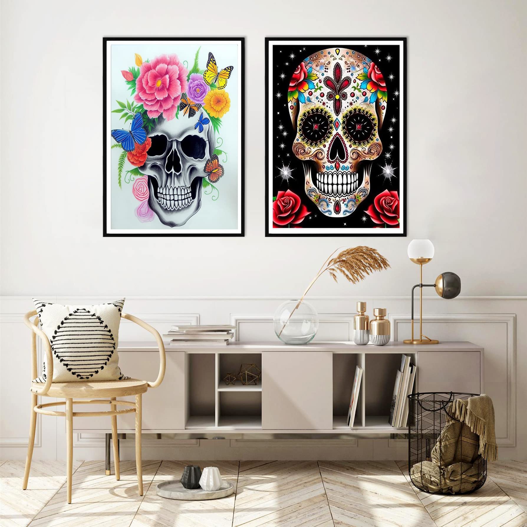 Yomiie 5D Diamond Painting Kit Cranio, Fai da Te Pittura Diamante Fiore Farfalla, 2 Pack Trapano Completo Ricamo Punto Croce Con Strass Arte E Artigianato Decorazione per Casa E Pareti 30x40cm