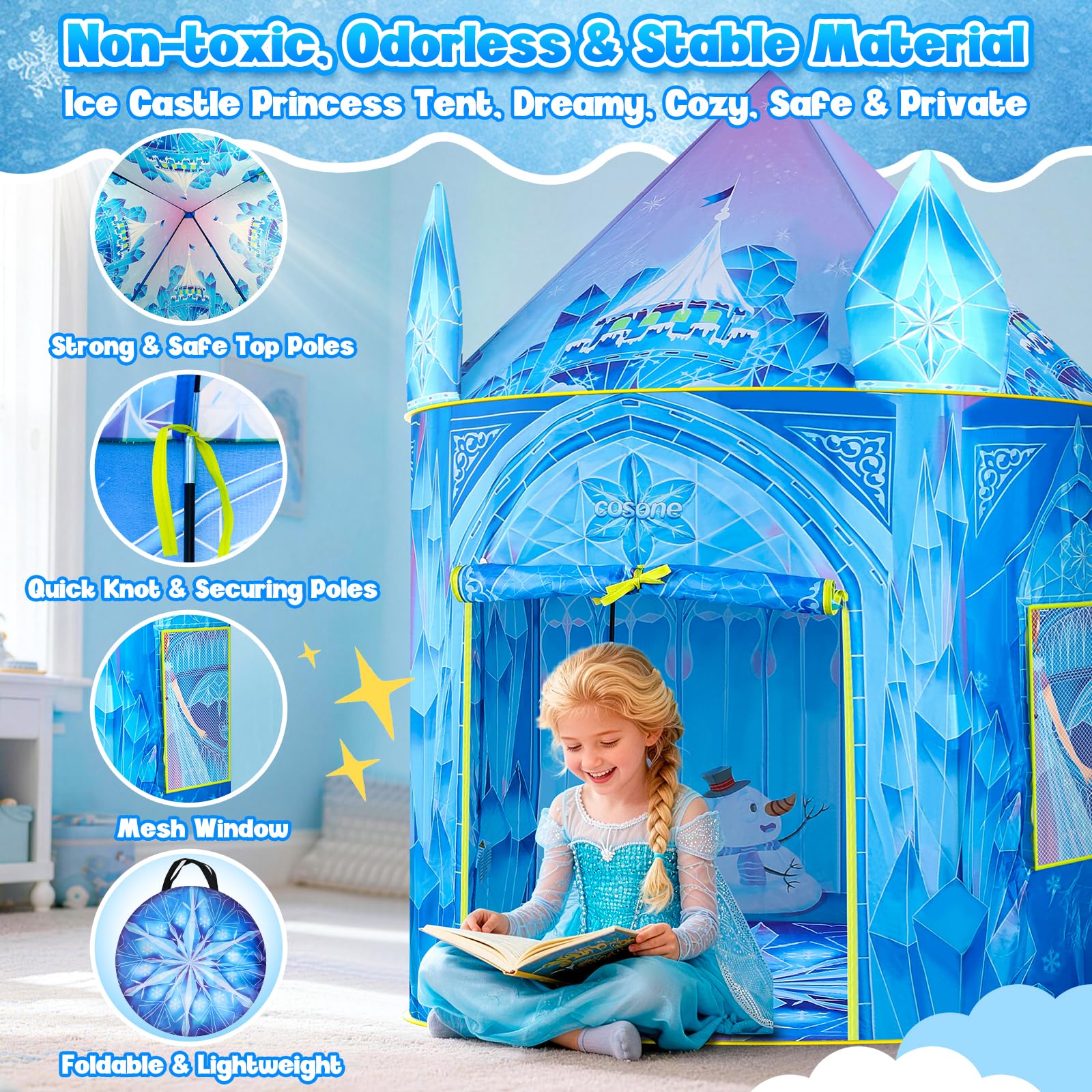 cosone Frozen Schloss-Zelt für Mädchen, Prinzessinnen-Spielzelt für drinnen und draußen Pop-Up Kinderzelt mit Tragetasche von 3-8 Jahren Weihnachts- und Geburtstagsgeschenk