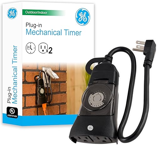 GE 15138. Temporizador mecánico resistente, para exterior, de 2 tomas, para enchufar, programable a 24 Horas.
