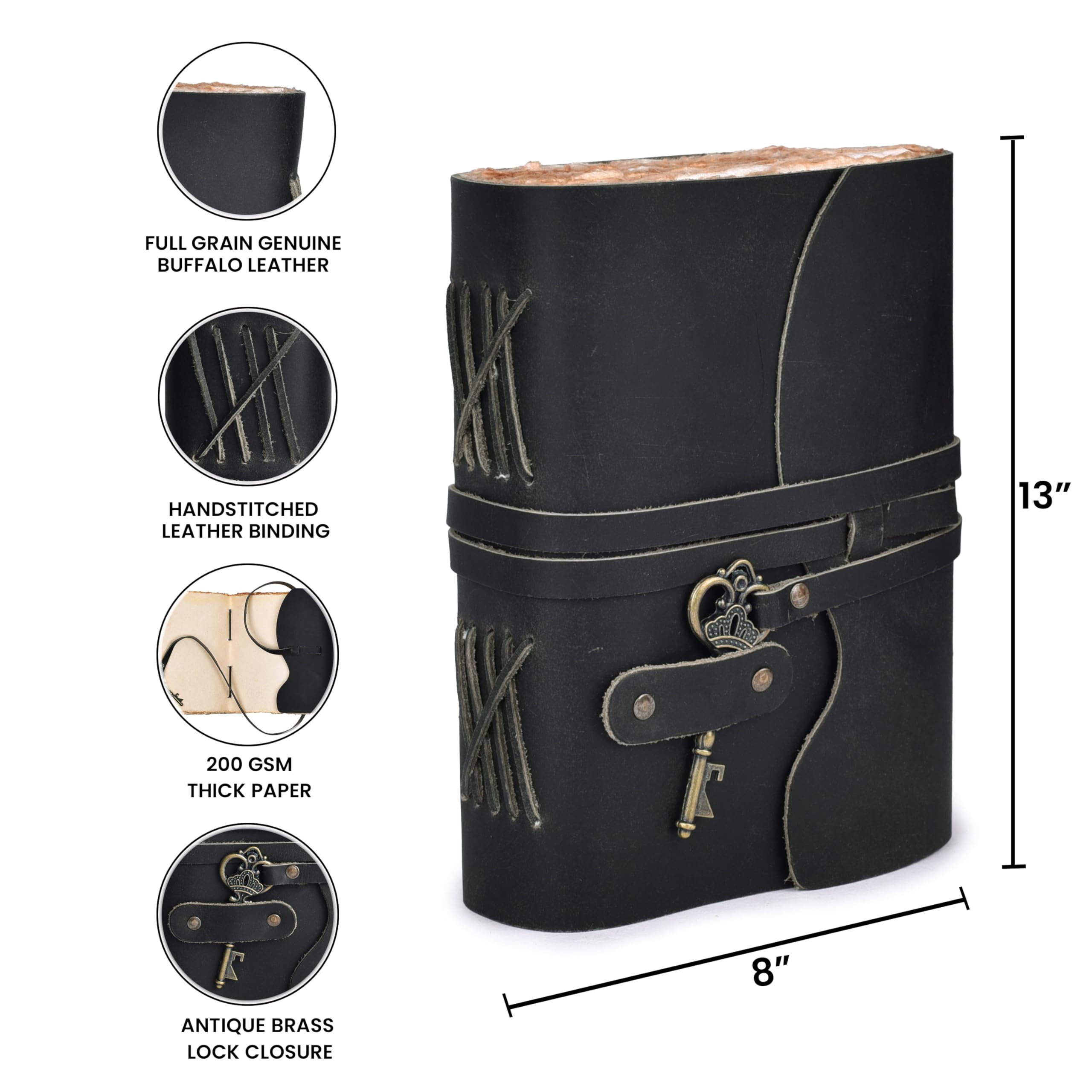 LEATHER VILLAGE Diario de cuero vintage – 200 papel vintage hecho a mano con borde de cubierta – Diario encuadernado de cuero para mujeres y hombres – Cierre de llave vintage – Libro de sombras –