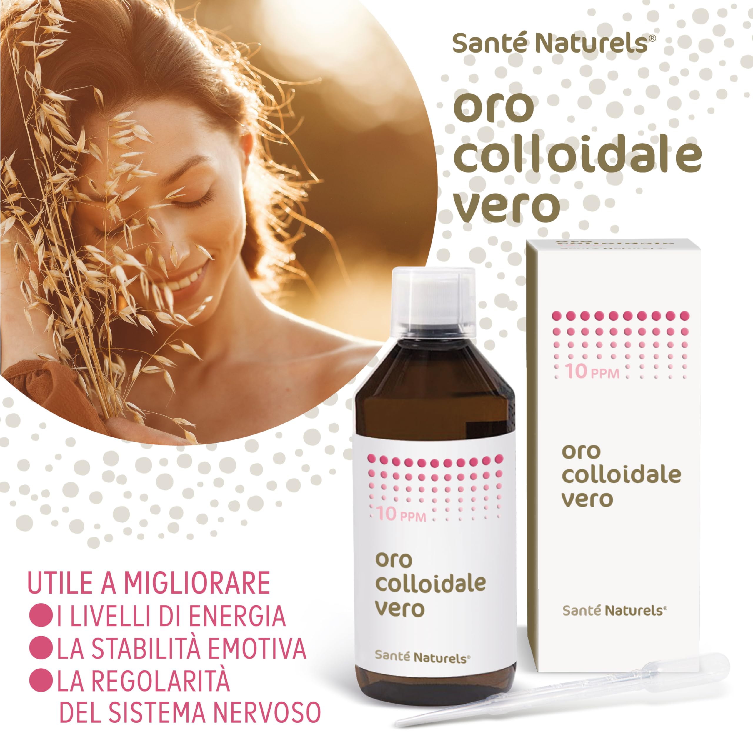Oro Coloidal Verdadero ● 10 ppm 500 ml ● Particulado no Iónico con Pipeta Cuentagotas y Tapón Cuentagotas ● Made in Italy