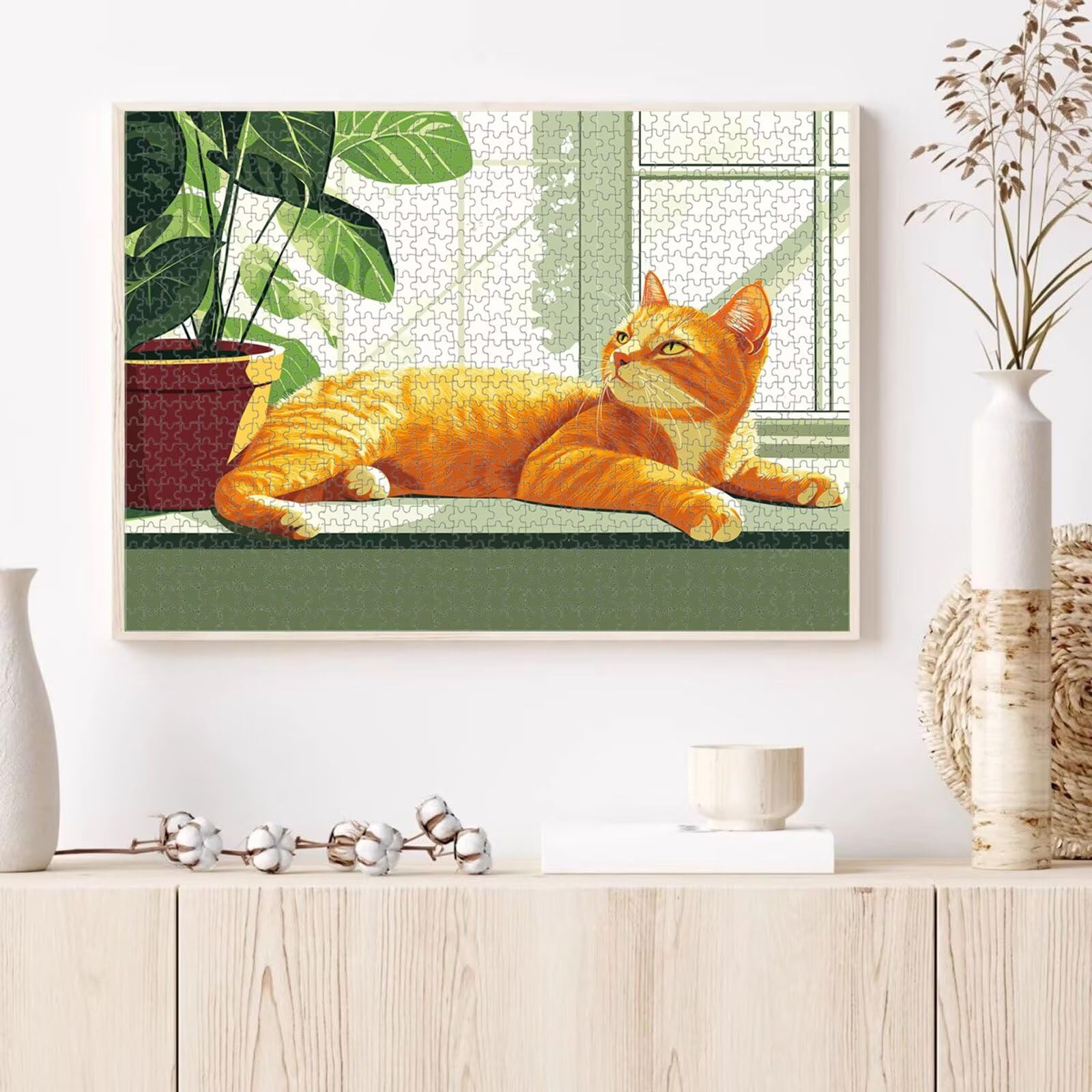 1000 elementów, puzzle dla dorosłych, kot i roślina, drewniane puzzle 1T#1197 | Drewniana konstrukcja, precyzyjne cięcie, jasne kolory, statyczne hobby, relaks, dekoracja domu, prezent, 50 x 75 cm