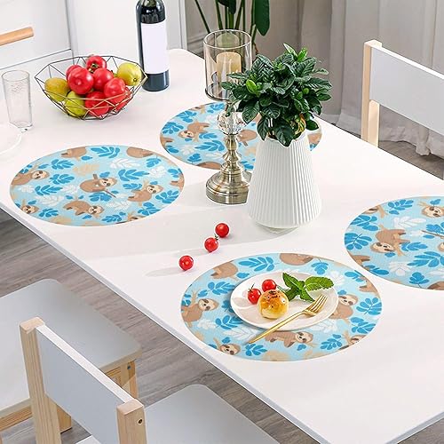 Miniatura 6 de Cute Cartoon Sloths Blue Round Table Placemats, Heat Resistant Non Slip Placemats Round for Kitchen one sizex6