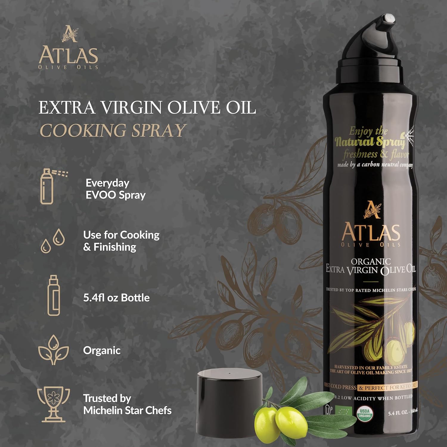 Olive Oil Spray by Atlas, Dual Function Olive Oil Cooking Spray and Stream, 5.4 fl oz, 6 Pack, Extra Virgin, Non Stick, Cold Pressed, Polyphenol Rich, Organic Moroccan EVOO, Hydroxytyrosol, Keto - Image 3