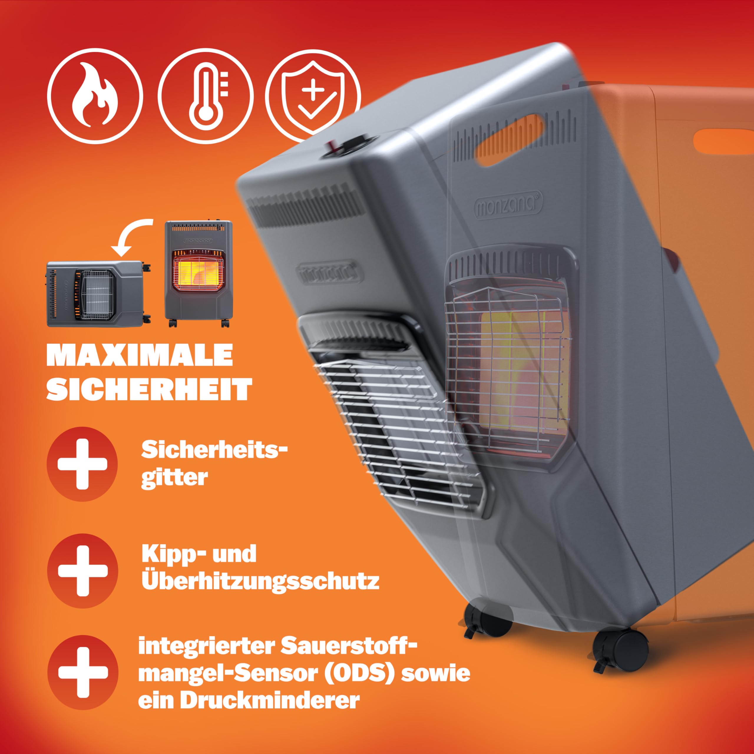 MONZANA® Gasheizung GH4500 Innenräume 4200W Gasofen 3 Heizstufen inkl. 50cm Gasschlauch Gasdruckregler Keramikheizplatten Camping Gasheizofen mobil
