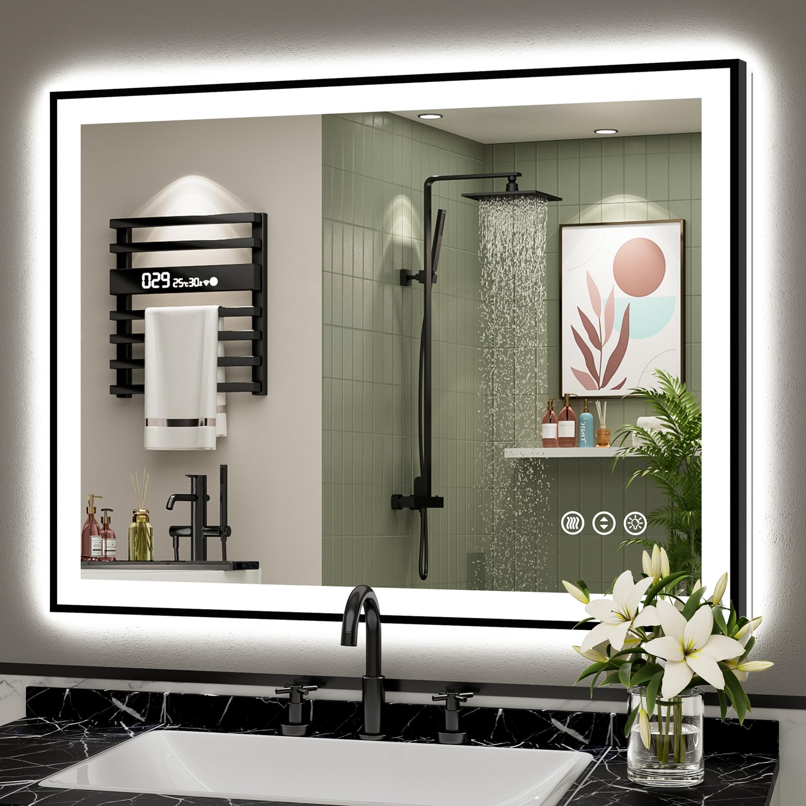 40x32 Black Framed LED Bathroom Mirror with Lights, Backlit and Front Lit Anti-Fog Lighted Vanity Mirror for Bathroom Wall, Dimmable, 3 Colors, Memory, Shatter-Proof, HD Tempered Glass, CRI 95