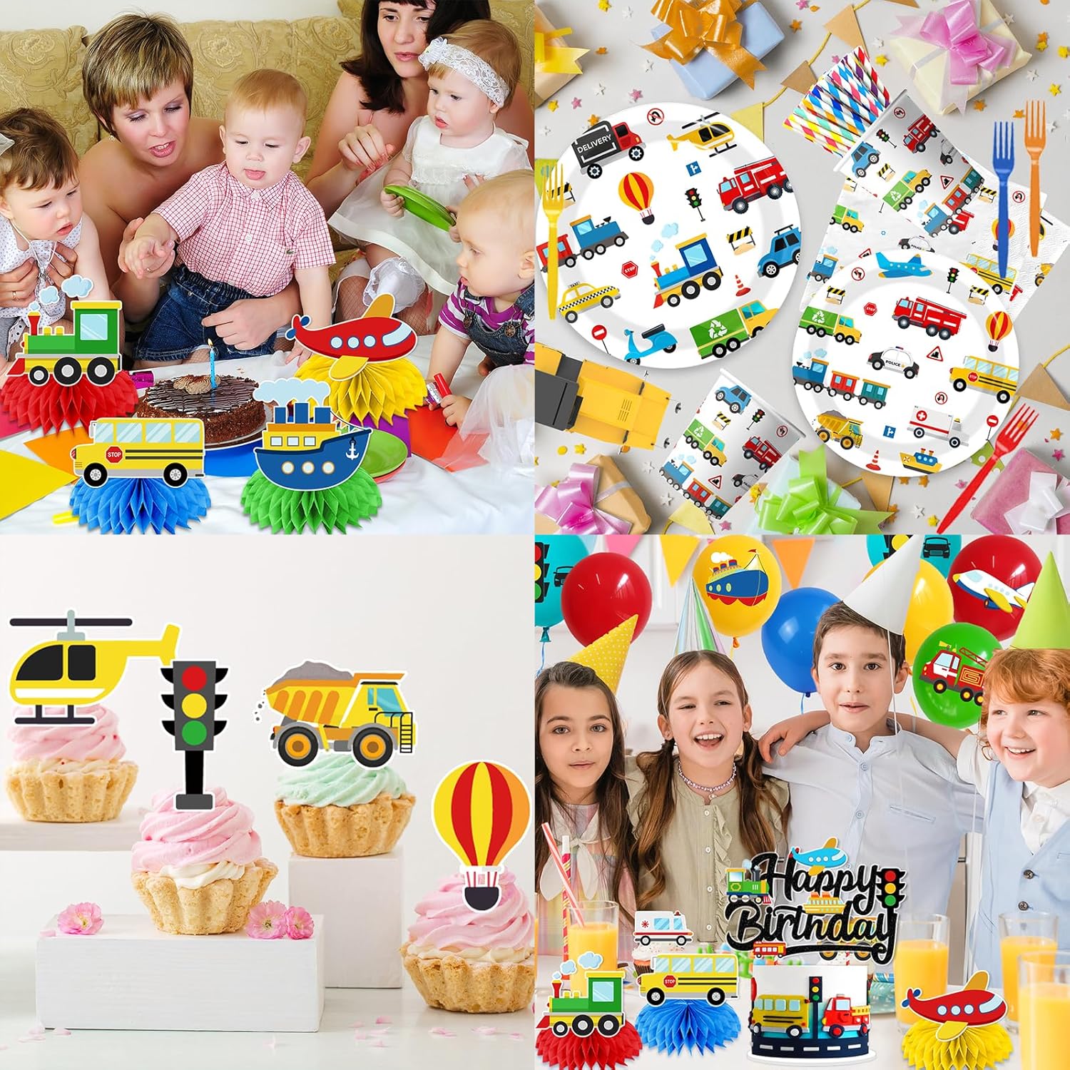 Transportation Birthday Decorations, All-in-1 Cars Birthday Decorations with Balloons Vehicle Plates Napkins Cups Cake Toppers Honeycombs Tablecloth and Banner for Boy Truck Themed Party, Serve 24