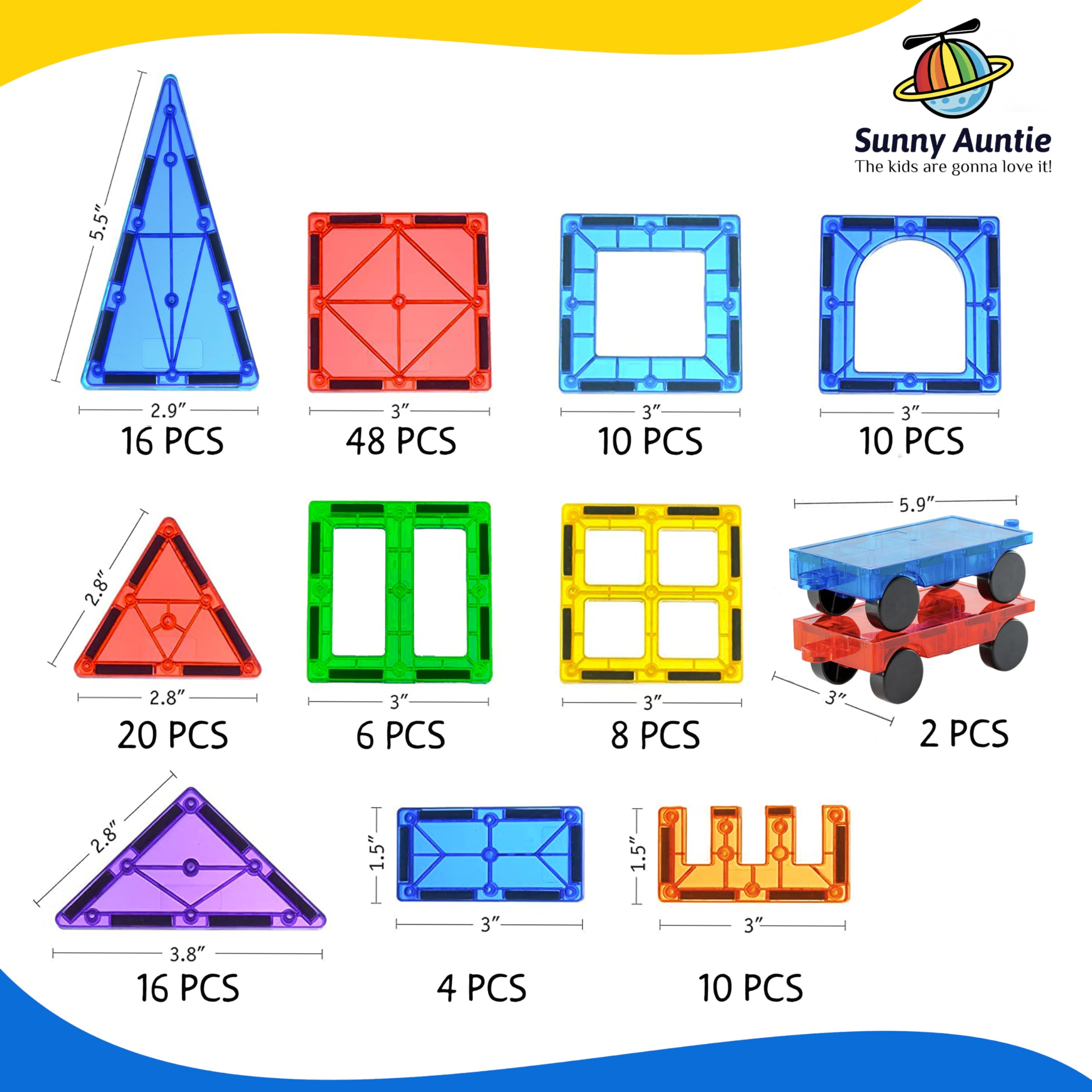 SUNNY AUNTIE Magnetische Fliesen, 150-teiliges XL-Set mit Aufbewahrungstasche, magnetische Bausteine für Kinder im Alter von 3–8 Jahren, STEM-Magnet-Bauspielzeug für Jungen und Mädchen