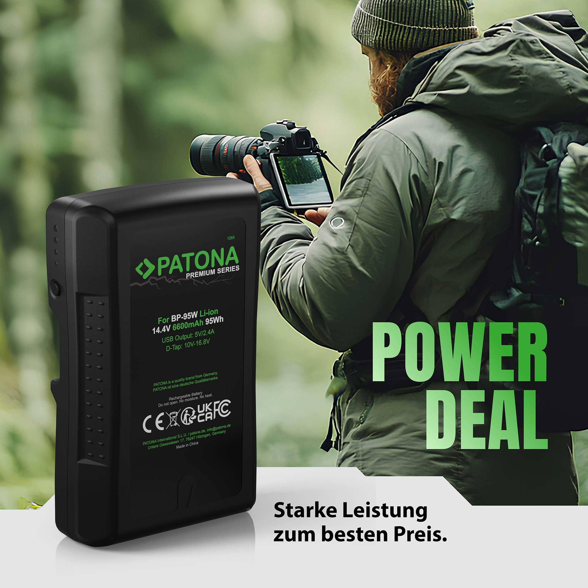 PATONA Premium BP-95W V-Mount Akku 6600mAh 95Wh 14,4V mit D-Tap & USB-Ausgang – für Sony Broadcast DSR-250P 600P 650P 652P, HDW-800P, PDW-850 – Dauerstrom für Drehs mit LED-Ladeanzeige