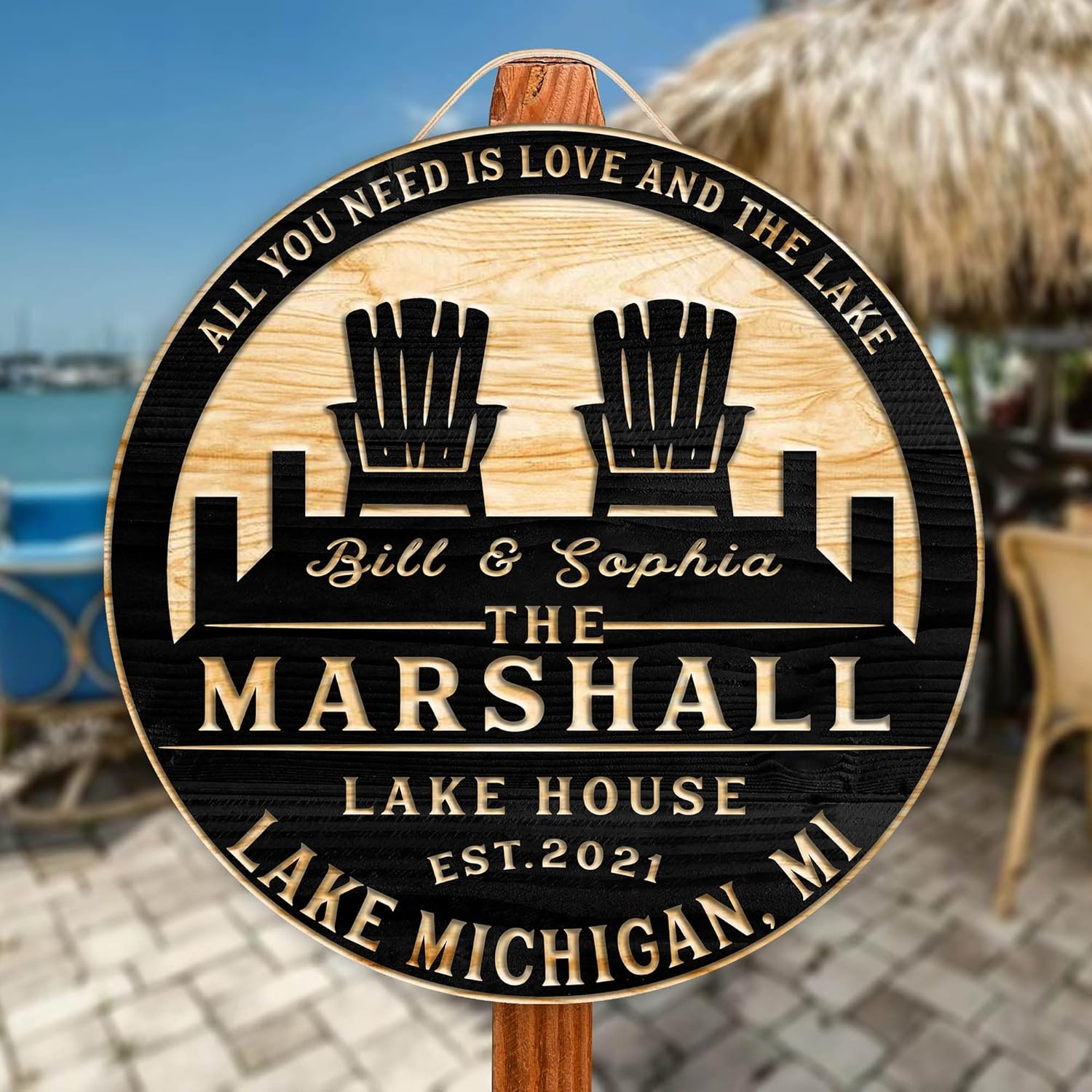 Artsy Woodsy Custom Lake House Decor Wood Sign (Not Carved or Neon) Wall Plaque, Personalized Cabin Log Fishing Hunting Cottage Summer House Welcome Sign Backyard Porch Patio Deck Garden Yard (01)