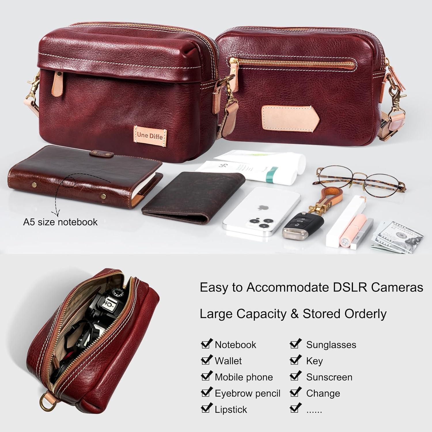 Leather Cross Body Bag for Women Men,Adjustable Leather Strap,Pure Copper Hardware