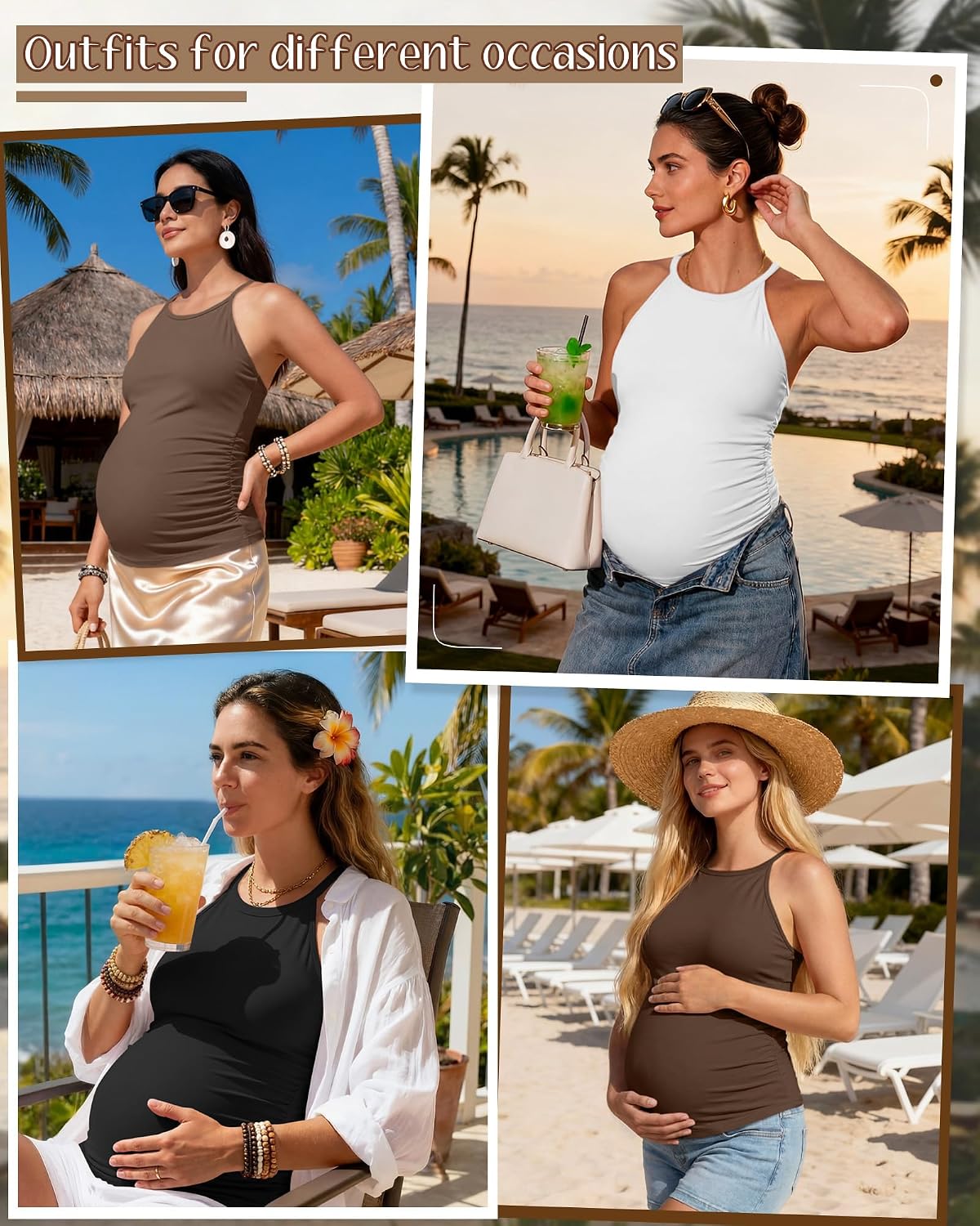 3 Pack Women's Maternity Tank Tops Halter Camisole Cotton Blend Ruched Side Sleeveless Summer Tops for Pregnancy