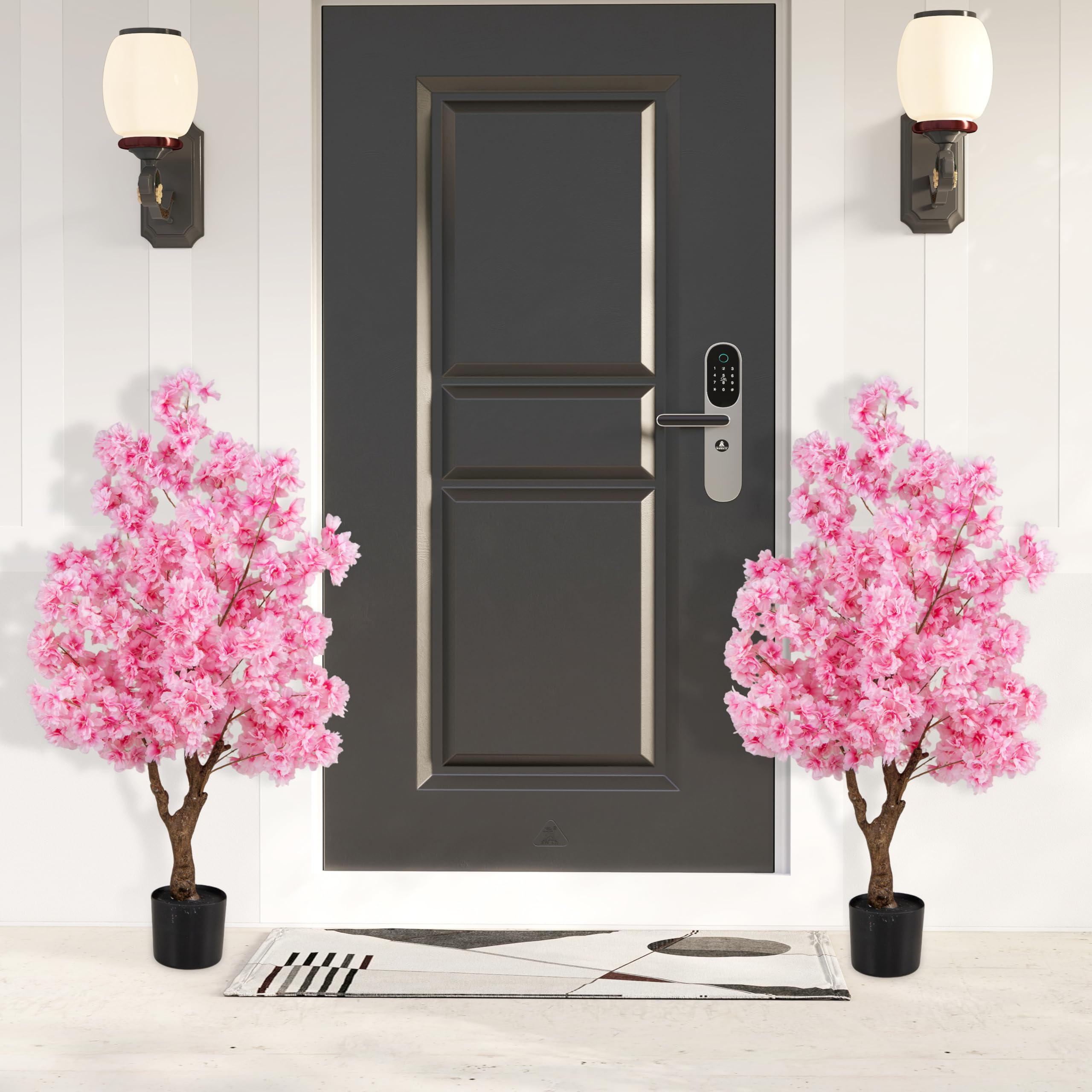 COSTWAY Plante Artificielle en Pot Remplies de Ciment 120CM, Fausse Cerisier avec 900 Fleurs Roses Tronc en Polyéthylène Multi-Branches, Décoration Moderne pour Salon Balcon Bureau