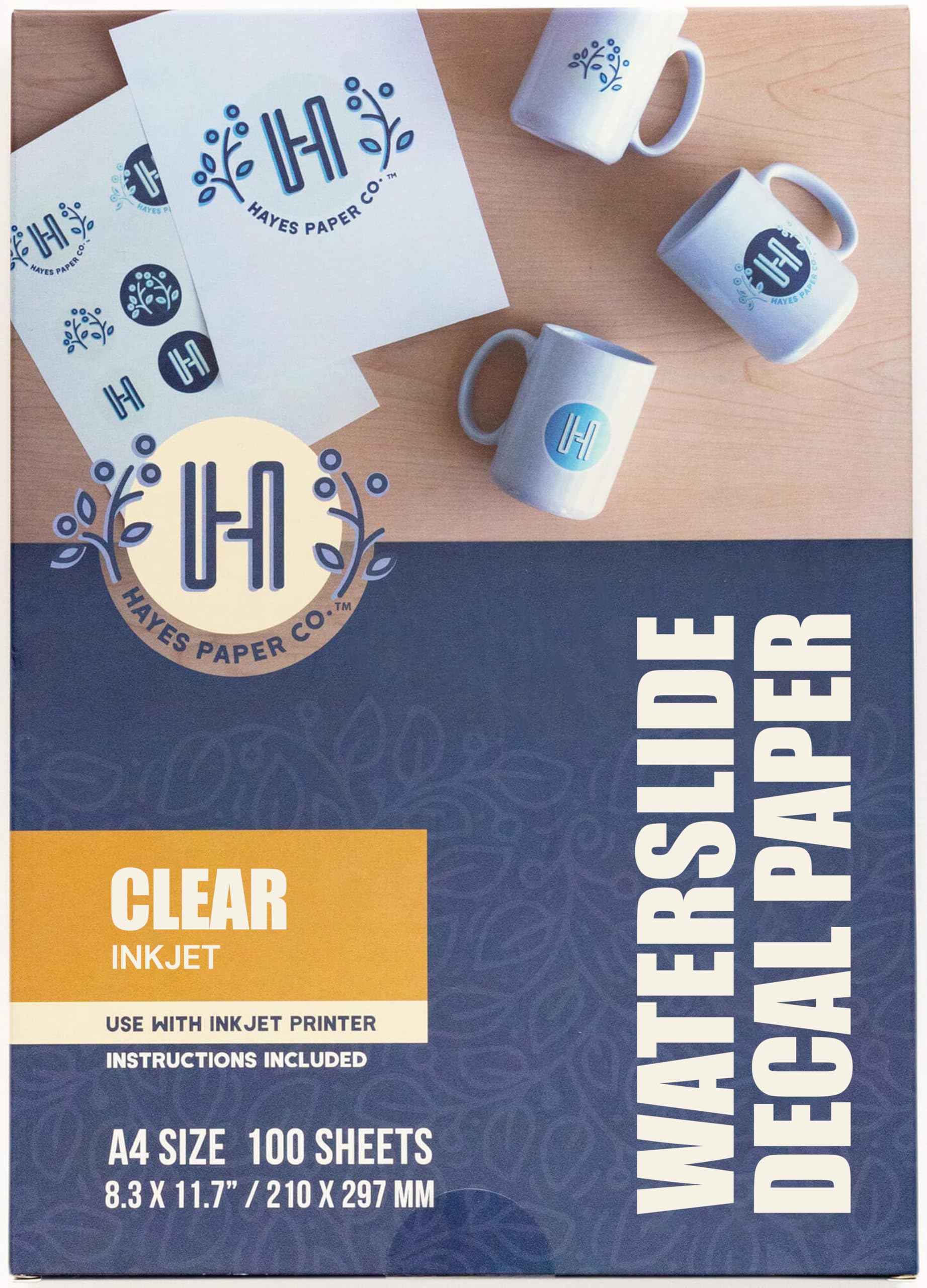 Hayes Paper, Waterslide Decal Paper for INKJET CLEAR 100 Sheets Premium Water-Slide Transfer Paper, A4 Size, 8.25 x 11.7 Inch